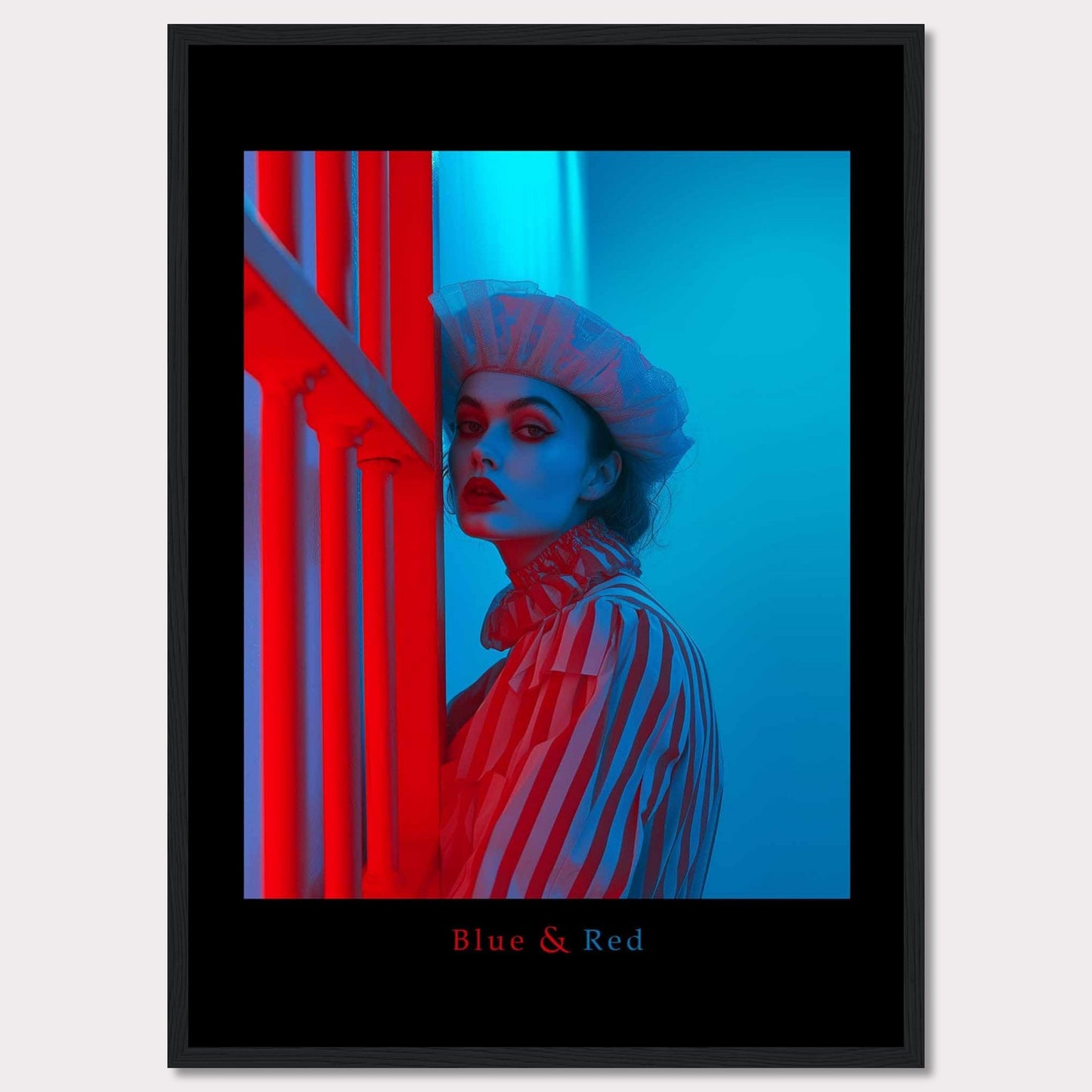 This striking poster features a dramatic portrait of a woman illuminated in contrasting blue and red lighting. The subject is dressed in a striped outfit and a sheer headpiece, creating a bold and artistic visual effect.