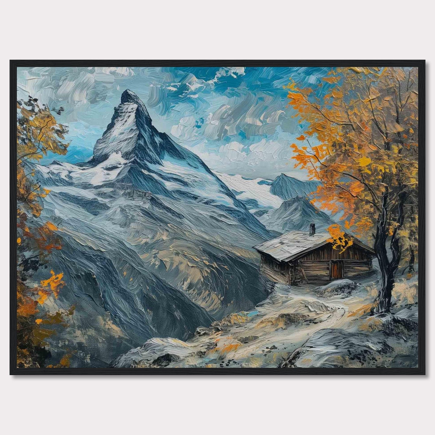 This stunning painting captures a serene mountain landscape with a quaint cabin nestled among the snow-covered peaks. The vibrant autumn foliage adds a splash of color against the majestic backdrop of towering mountains and a clear blue sky.