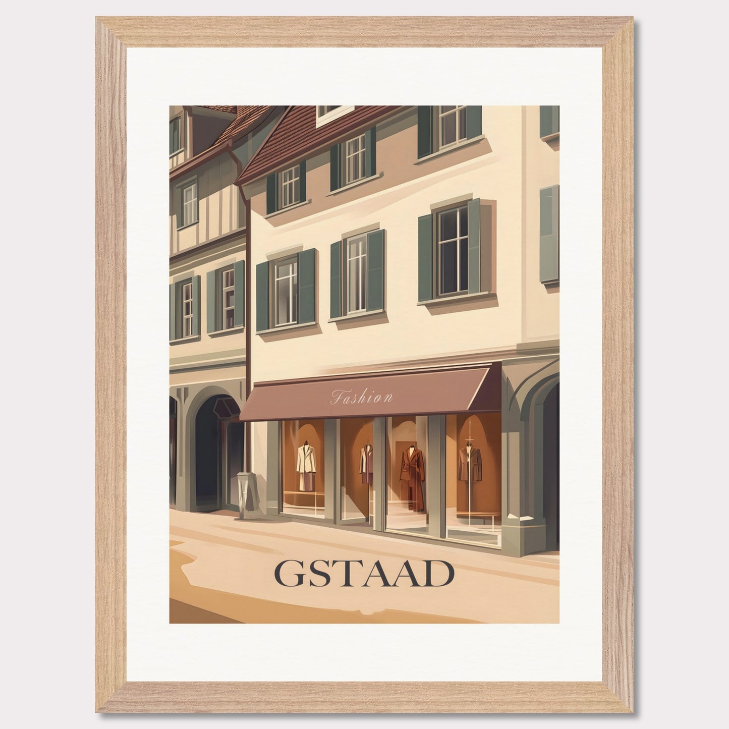 A stylish poster capturing the elegant shopping experience in Gstaad. The charming streets lined with high-end boutiques create an atmosphere of exclusivity and sophistication.