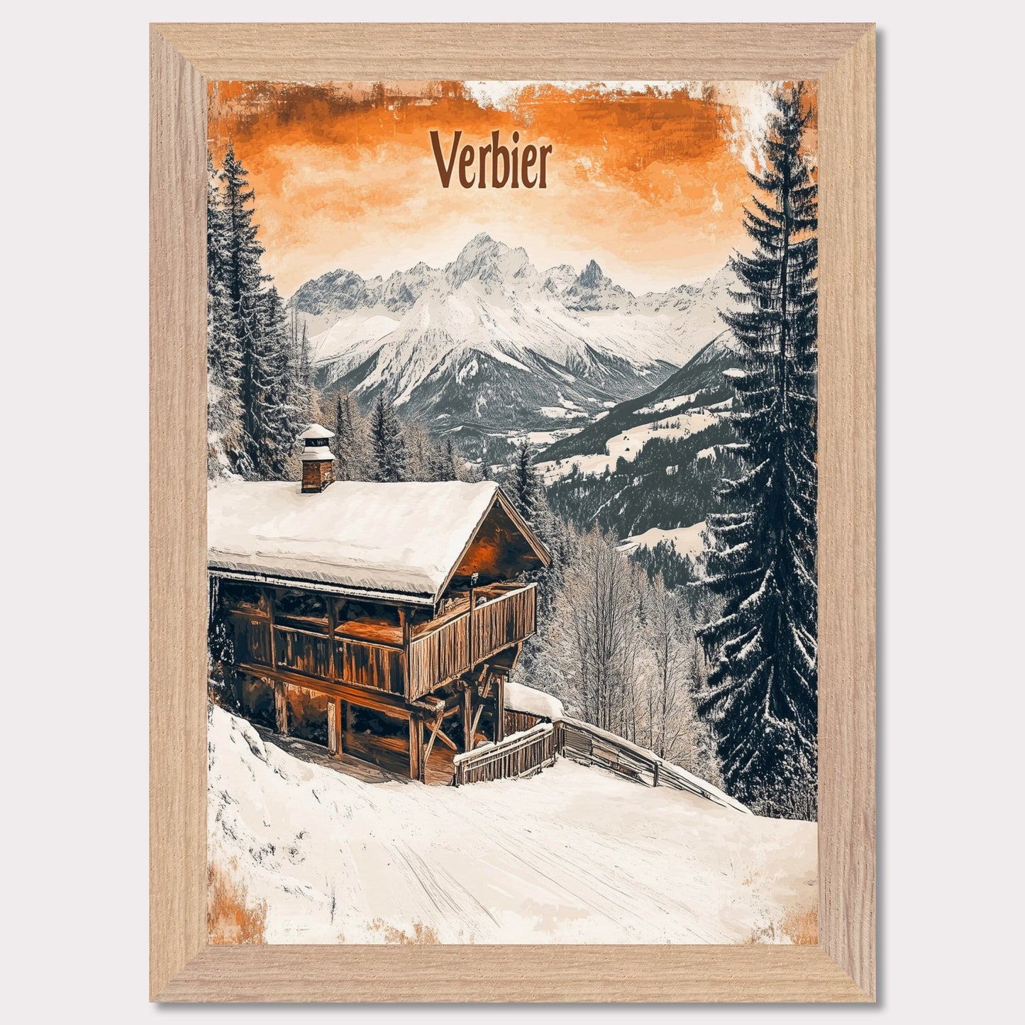 This charming retro-style poster showcases a cozy wooden cabin nestled in the snowy mountains of Verbier. The cabin, with its warm and rustic exterior, contrasts beautifully against the crisp white snow and towering, snow-capped peaks in the distance. The soft, vintage tones in the sky and the peaceful surroundings evoke a sense of tranquility and the perfect winter getaway. The gentle snowfall and warm cabin lights enhance the nostalgic feeling of a quiet retreat in the Alps.