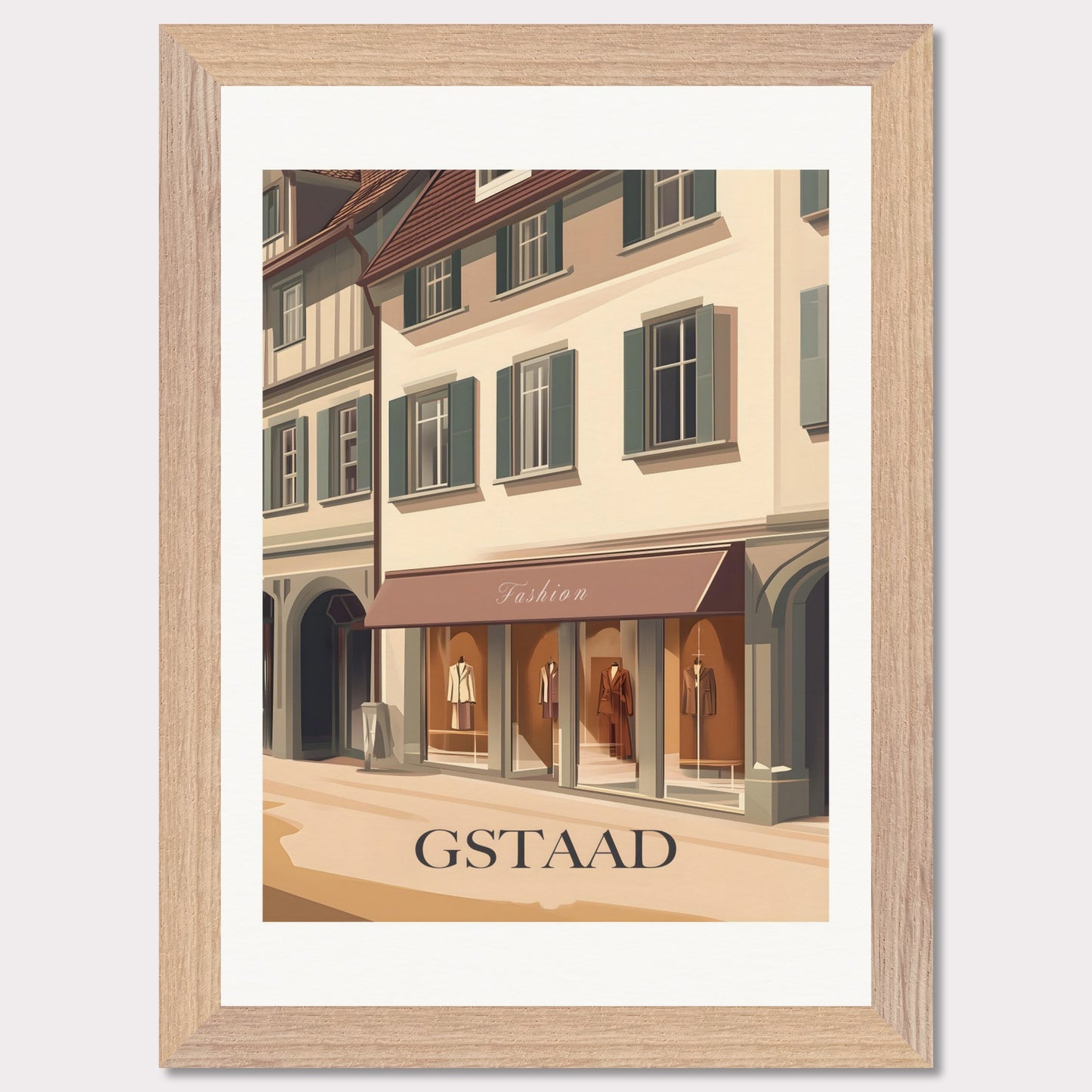 A stylish poster capturing the elegant shopping experience in Gstaad. The charming streets lined with high-end boutiques create an atmosphere of exclusivity and sophistication.