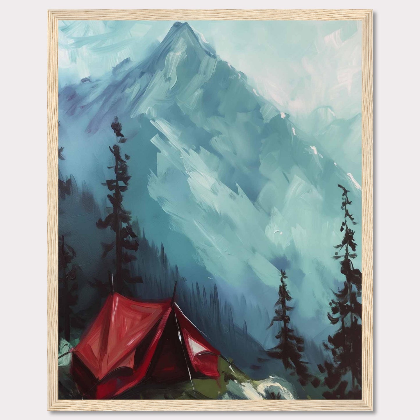 This captivating painting depicts a serene mountain landscape with a vibrant red tent pitched among tall pine trees. The majestic mountain in the background is shrouded in mist, adding a sense of mystery and tranquility to the scene. The contrast between the bold red tent and the cool blue tones of the mountain creates a striking visual effect.