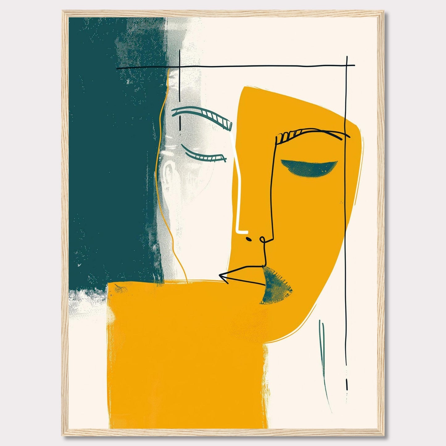 This captivating abstract art piece features a minimalist line drawing of a face, blending bold colors and simple shapes to create a striking visual impact. The artwork combines teal, mustard yellow, and white, with a black frame adding a touch of sophistication.