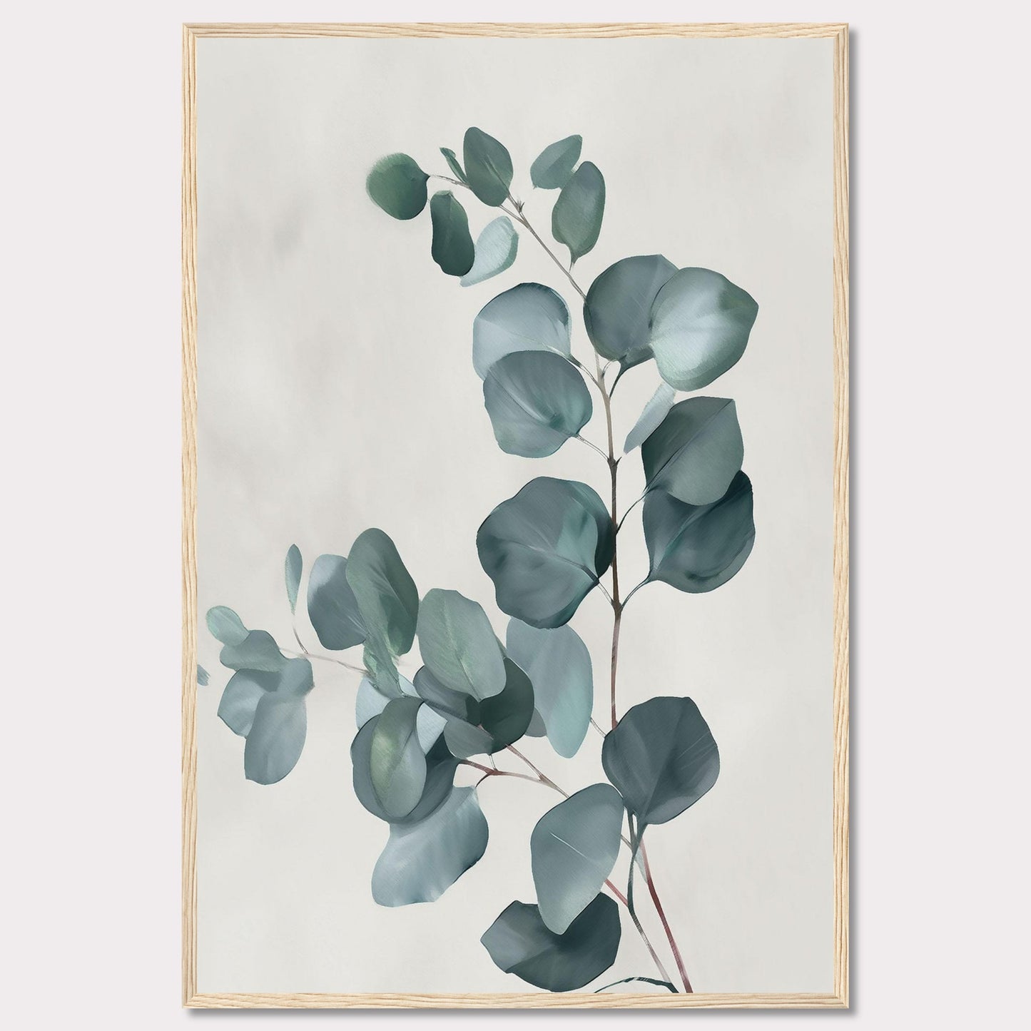 This image showcases a minimalist botanical artwork featuring eucalyptus leaves. The leaves are painted in soft, muted green tones against a light background, creating a serene and calming effect.