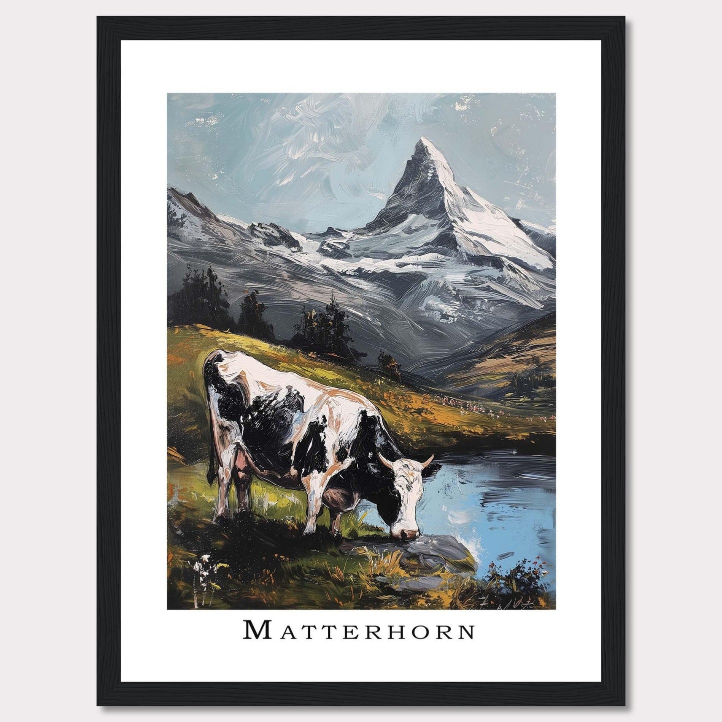 This captivating artwork captures the serene beauty of the Matterhorn with a cow grazing by a tranquil lake in the foreground. The majestic snow-capped peak stands tall against a clear sky, surrounded by lush greenery and reflective waters.