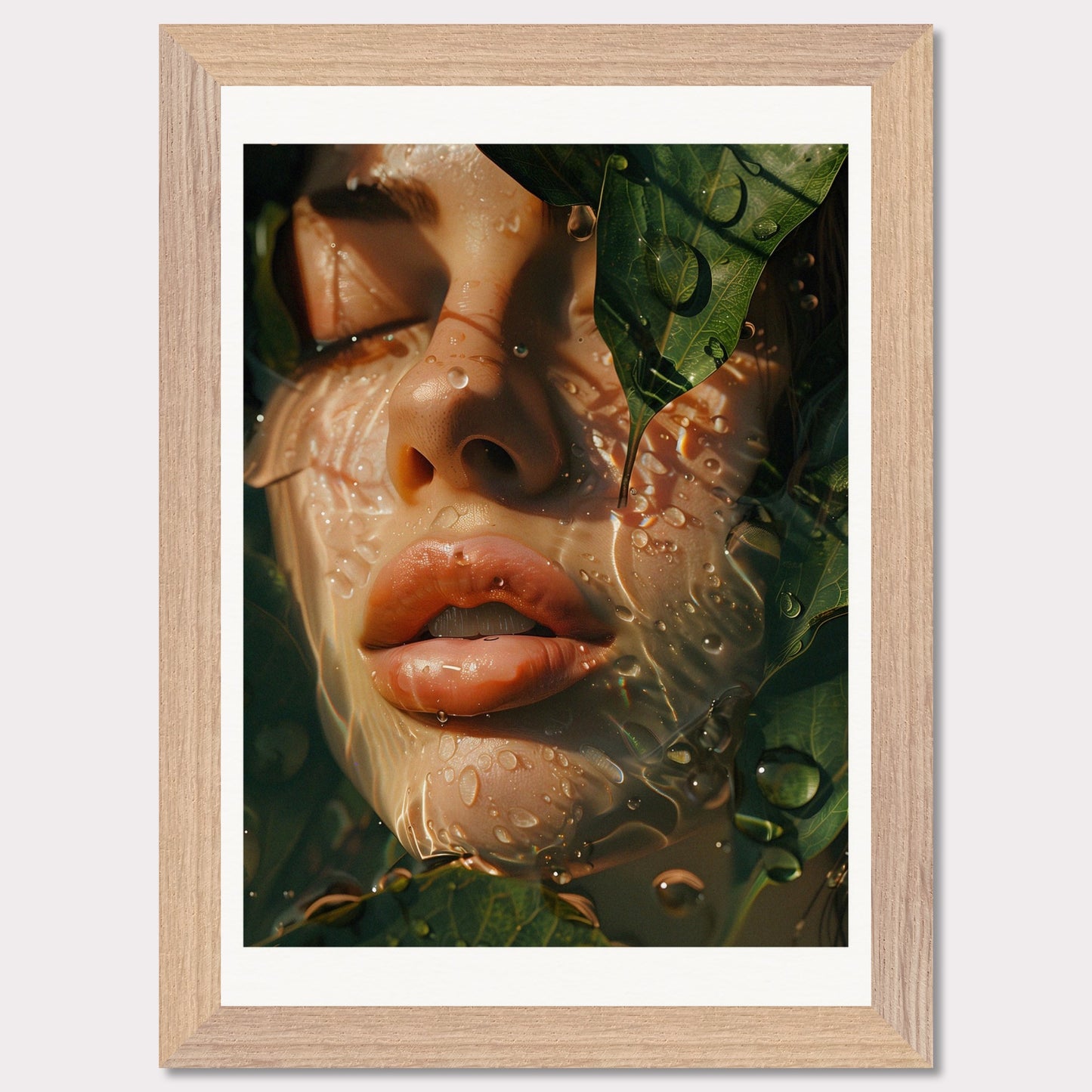 This is an artistic illustration depicting a close-up of a woman's face partially covered by leaves and water droplets.

This poster would fit well in a modern living room, bedroom, or office space, adding a touch of nature and surreal beauty to the decor.