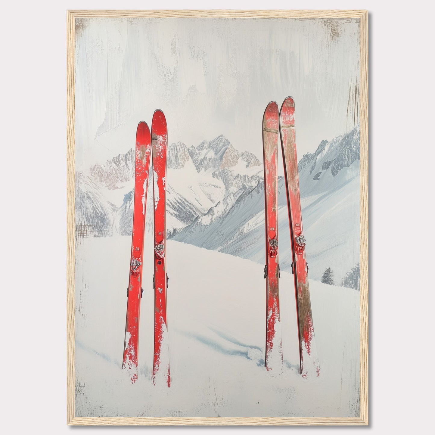 This captivating image showcases a serene winter scene with four red skis planted in the snow against a backdrop of majestic, snow-covered mountains. The skis stand out vibrantly against the white snow and the muted tones of the distant peaks. The overall composition evokes a sense of adventure and the thrill of skiing in the great outdoors.