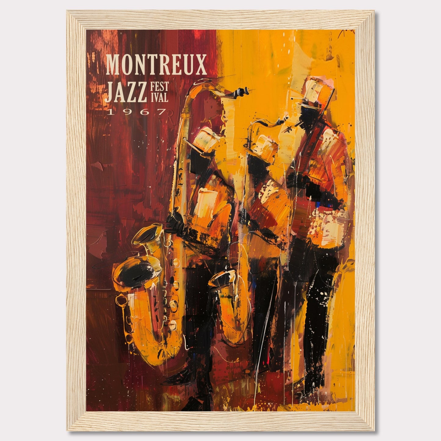 This vibrant art poster showcases the Montreux Jazz Festival from 1967. The artwork features an abstract depiction of three jazz musicians passionately playing their instruments, with rich hues of red, yellow, and orange capturing the dynamic energy of the performance.