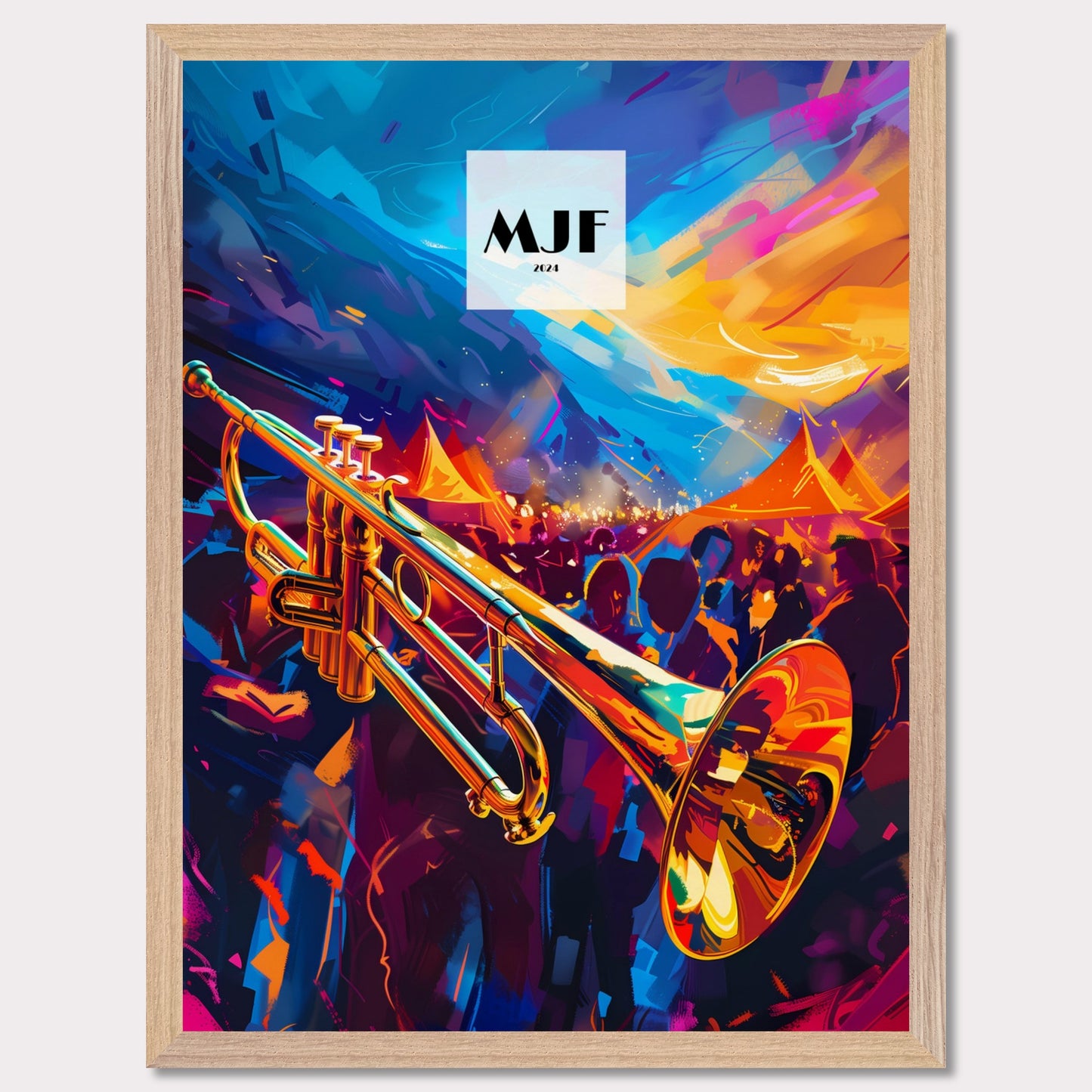 This vibrant poster captures the essence of a lively jazz festival. A gleaming trumpet takes center stage, set against a backdrop of colorful tents and an enthusiastic crowd. The sky is painted with dynamic strokes of blue and orange, adding to the energetic atmosphere.