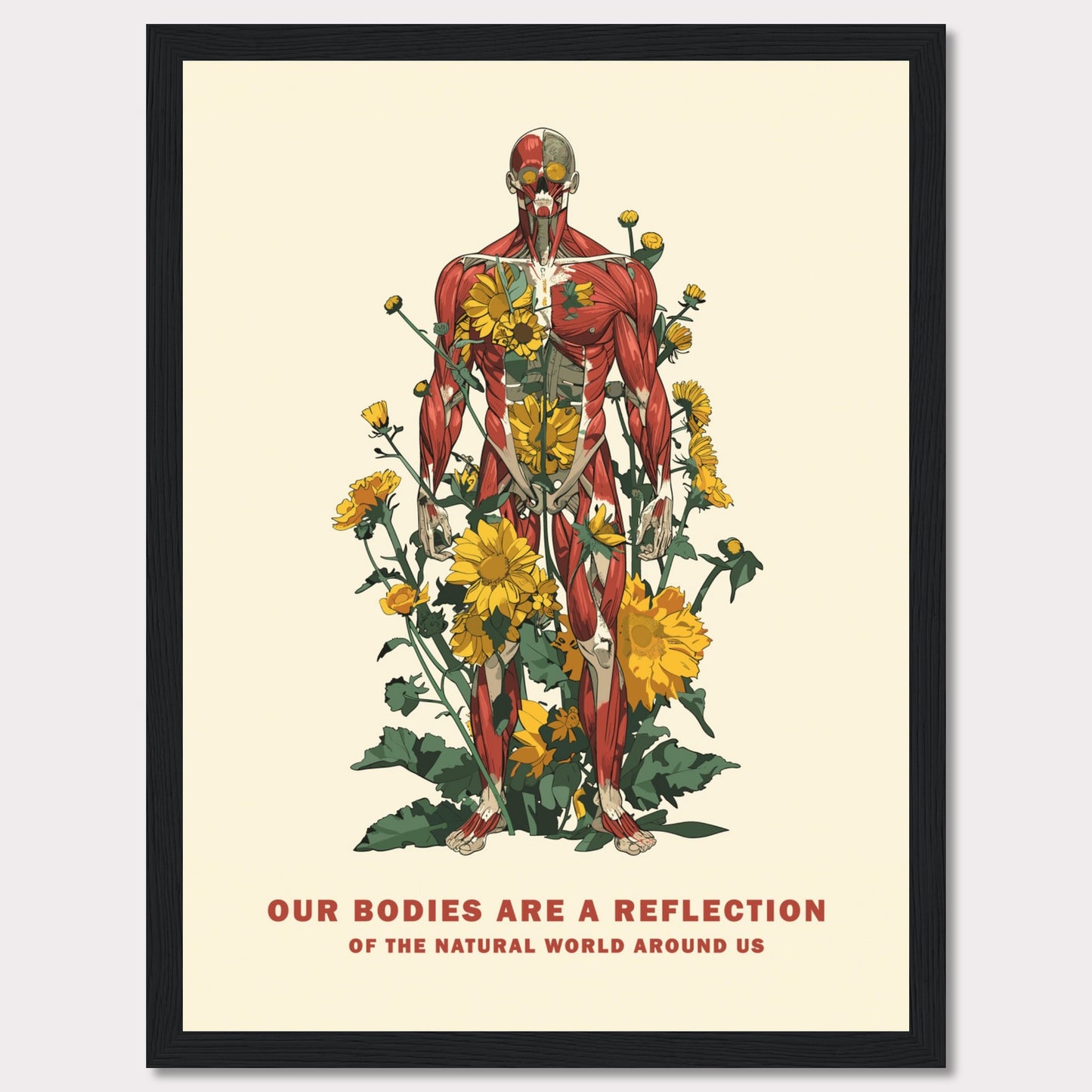 This image features a detailed anatomical illustration of a human body intertwined with vibrant yellow flowers and green foliage. The artwork highlights the connection between human anatomy and nature.