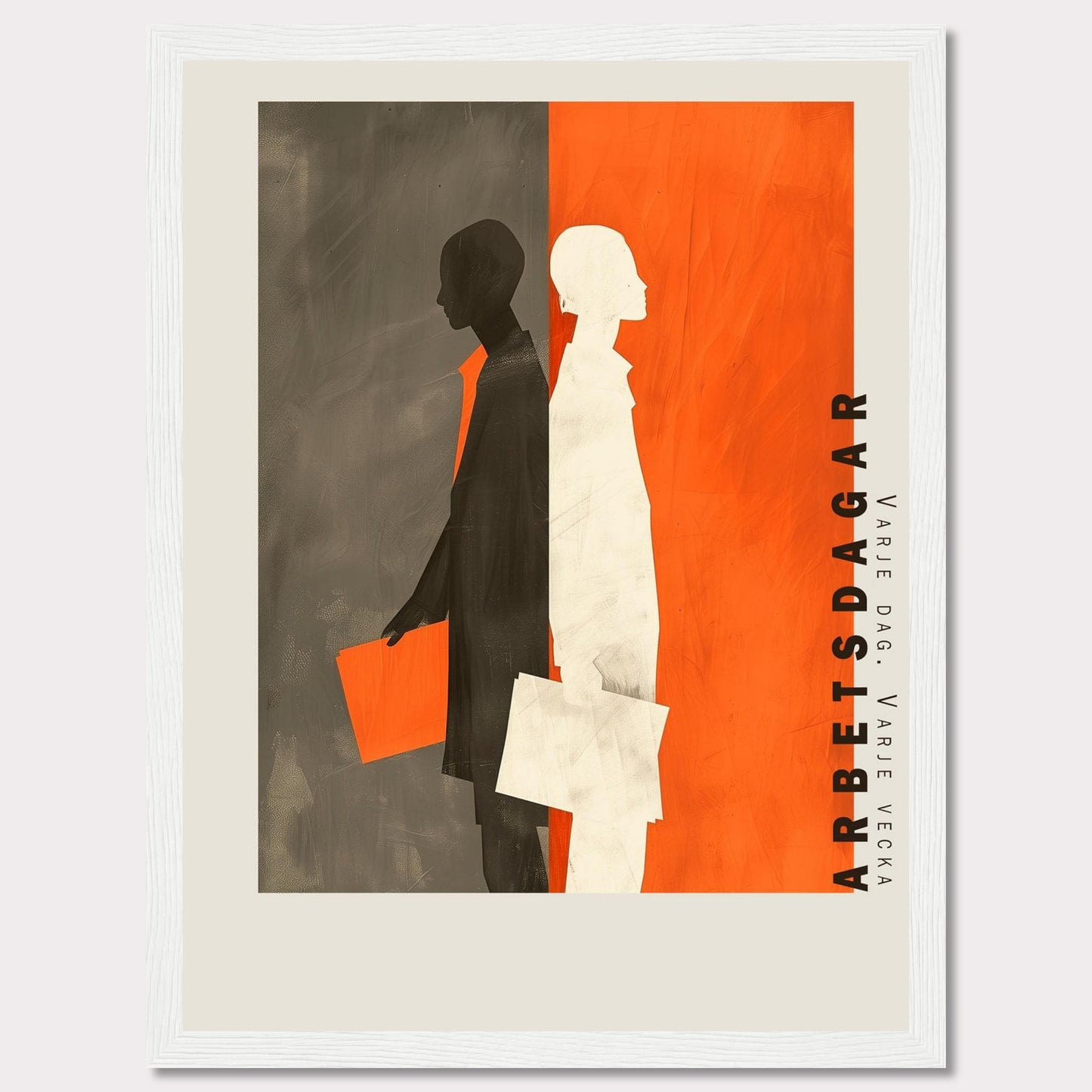 1d671b43-2026-4416-930e-b0730cad81c7aThis striking artwork features two silhouetted figures, one in black and the other in white, standing back-to-back against a divided background of gray and orange. Both figures are holding documents, symbolizing work or business activities. The text "ARBETSDAGAR" is prominently displayed vertically on the right side, accompanied by the phrase "VARJE DAG - VARJE VECKA" below it.