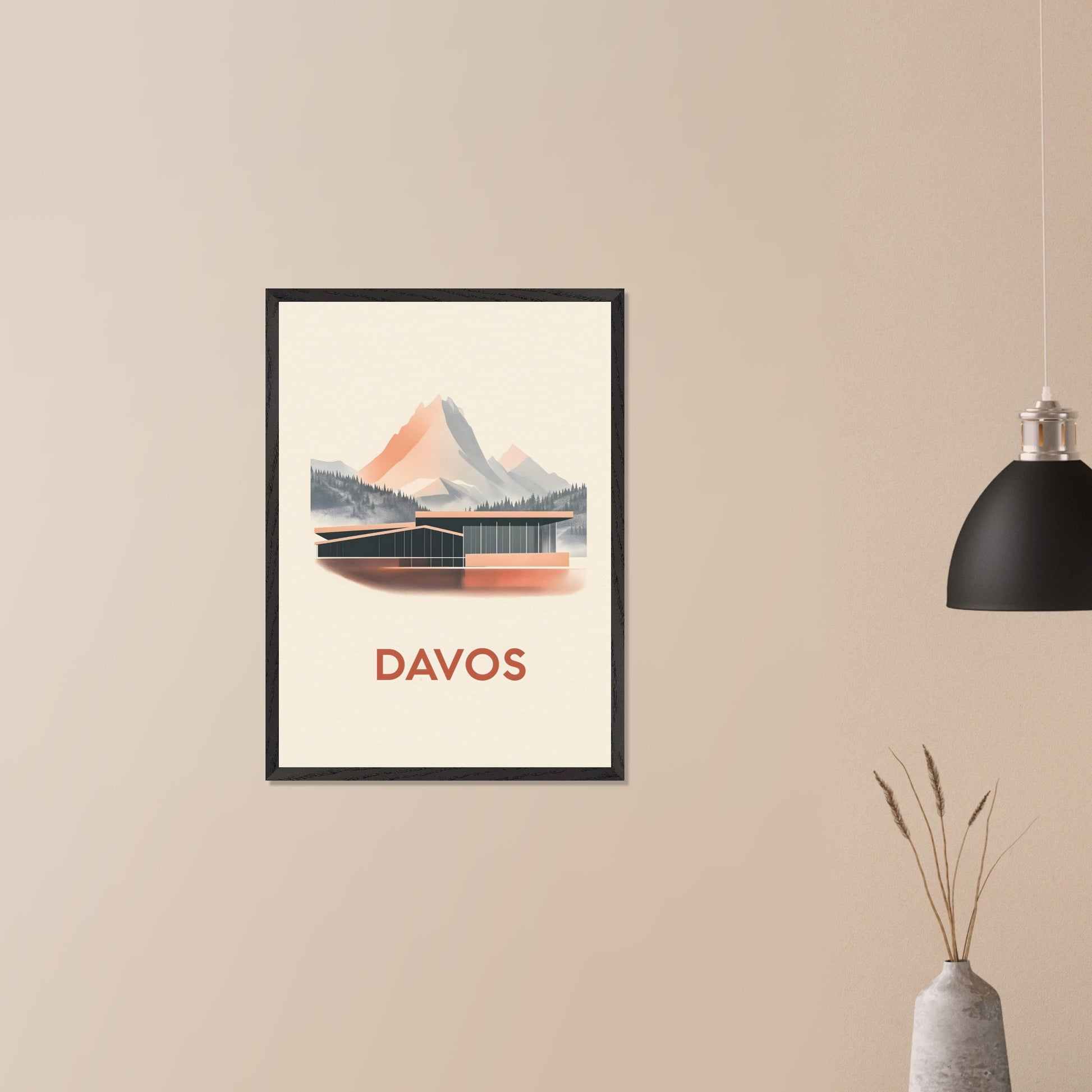 A refined travel poster showcasing Davos' modern architecture against breathtaking alpine peaks. The sleek lines of the building contrast harmoniously with the rugged mountains, embodying the balance between innovation and nature.