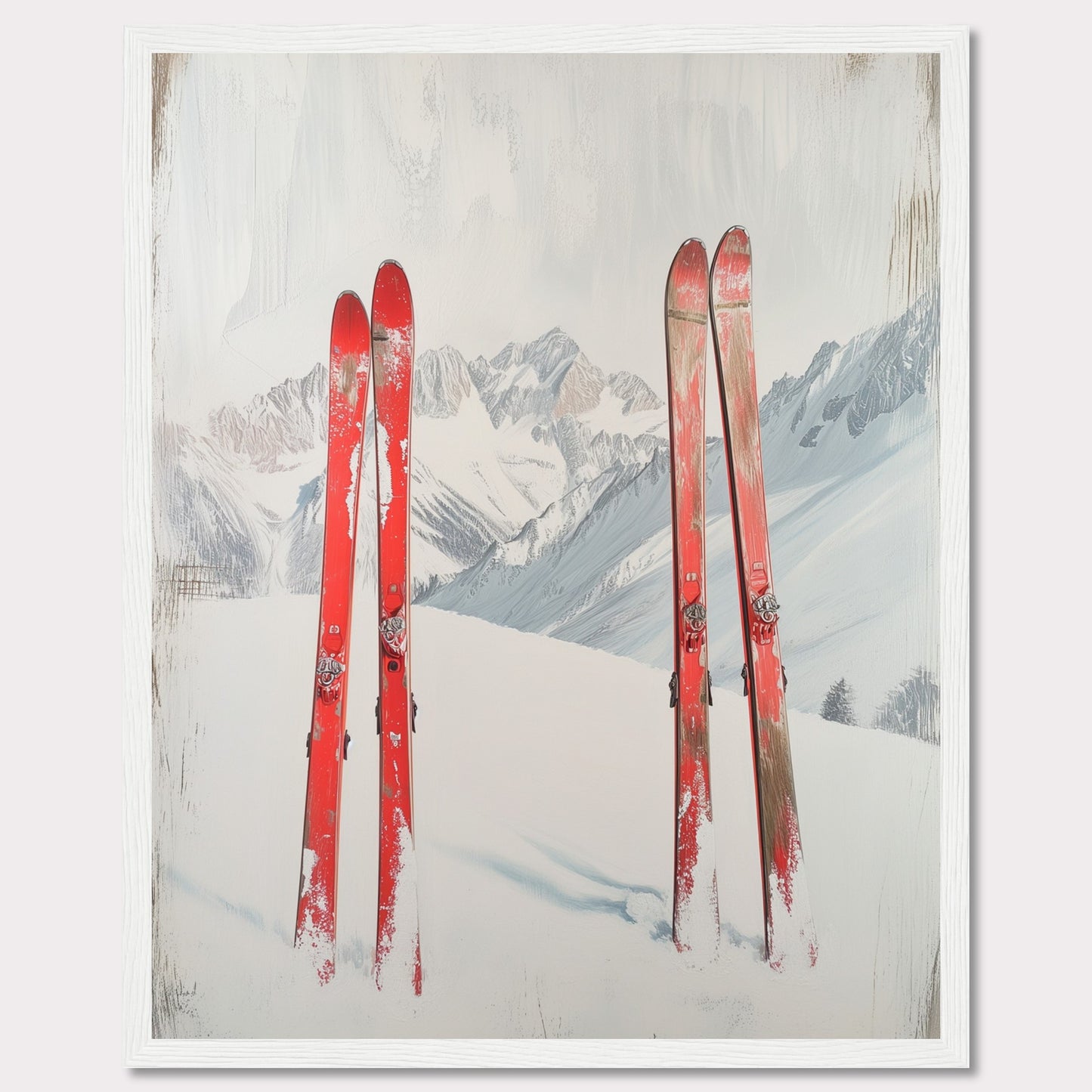 This captivating image showcases a serene winter scene with four red skis planted in the snow against a backdrop of majestic, snow-covered mountains. The skis stand out vibrantly against the white snow and the muted tones of the distant peaks. The overall composition evokes a sense of adventure and the thrill of skiing in the great outdoors.