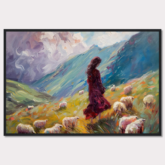 This captivating painting portrays a serene pastoral scene where a woman in a flowing red dress stands amidst a flock of sheep on a vibrant, rolling hillside. The background features dramatic, swirling clouds and lush green mountains, creating a sense of tranquility and connection with nature.