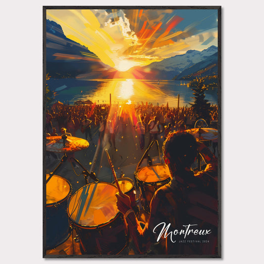 This vibrant image captures the essence of the Montreux Jazz Festival 2024. The scene is set at sunset, with a stunning view of the sun dipping below the horizon over a serene lake, surrounded by majestic mountains. A large crowd is gathered, immersed in the music, while a drummer plays energetically in the foreground.