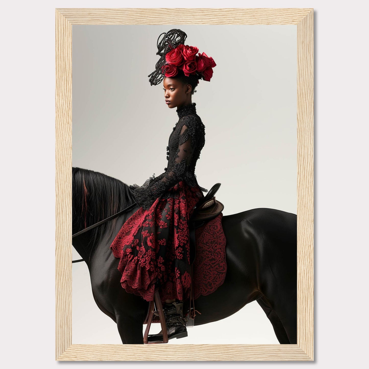 This striking image features a poised woman in an elegant black and red lace dress, adorned with an elaborate headpiece of red roses. She sits gracefully on a majestic black horse, exuding confidence and sophistication.