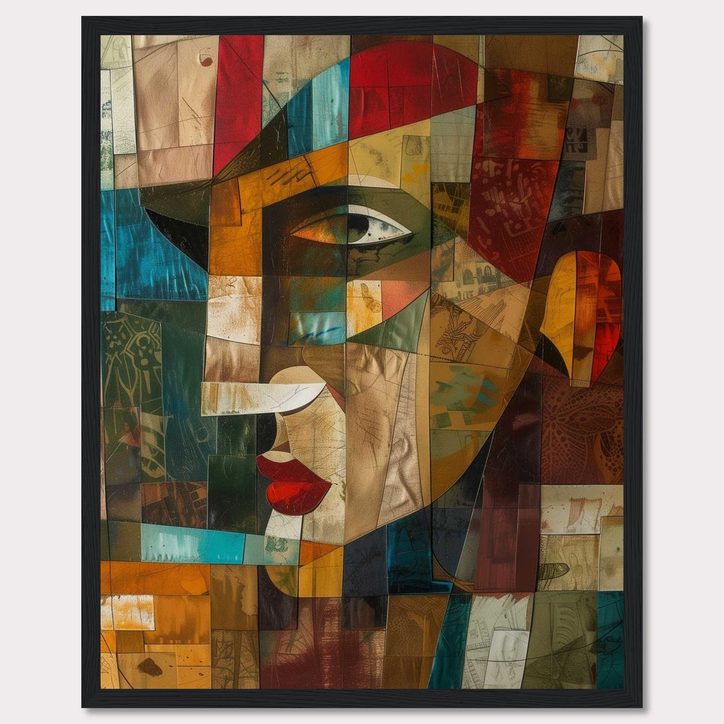 This captivating artwork features a cubist-style portrait, blending vibrant colors and geometric shapes to create a striking visual. The image showcases an abstract face with prominent red lips, a sharp nose, and expressive eyes.