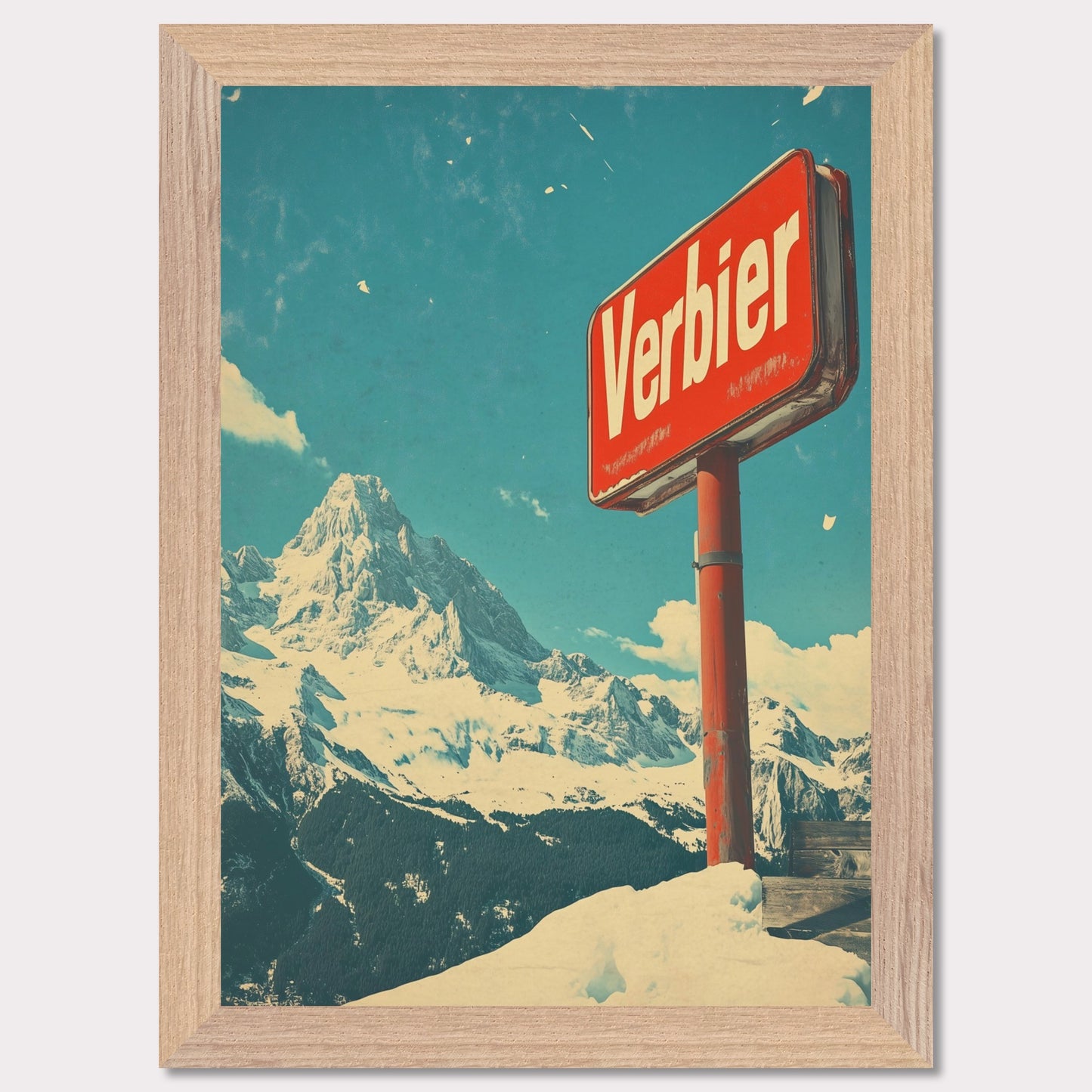 This striking retro-style poster showcases the iconic "Verbier" sign against the backdrop of towering snow-covered peaks and a bright blue sky. The rustic sign, partially worn by time, perfectly complements the expansive, untouched wilderness of the Swiss Alps. The vintage color palette and texture evoke a sense of nostalgia, capturing the allure of Verbier as a timeless destination for adventure and escape into nature’s beauty.