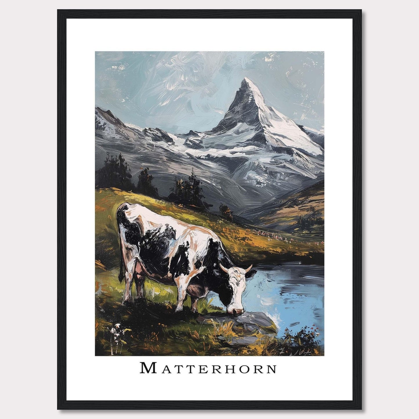 This captivating artwork captures the serene beauty of the Matterhorn with a cow grazing by a tranquil lake in the foreground. The majestic snow-capped peak stands tall against a clear sky, surrounded by lush greenery and reflective waters.