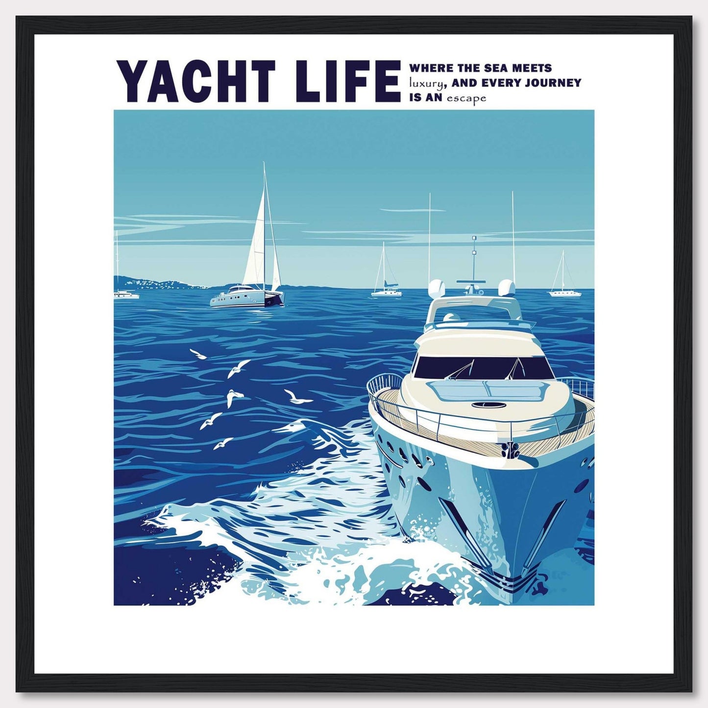 This captivating artwork depicts a serene ocean scene with luxurious yachts sailing under a clear blue sky. The image conveys a sense of tranquility and adventure, inviting viewers to imagine themselves embarking on a luxurious journey at sea.