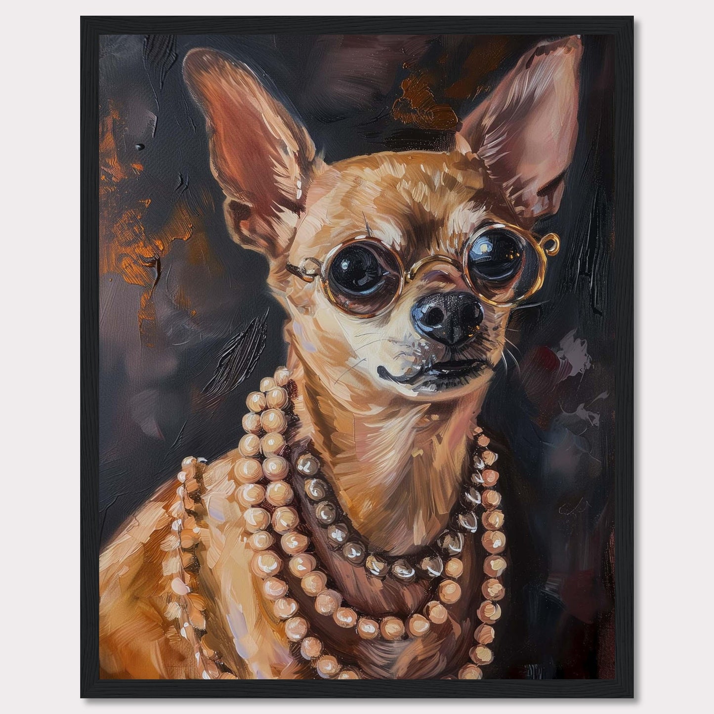 This captivating artwork features a stylish Chihuahua wearing round glasses and multiple strands of pearls. The painting exudes elegance and charm, making it a perfect statement piece for any room.