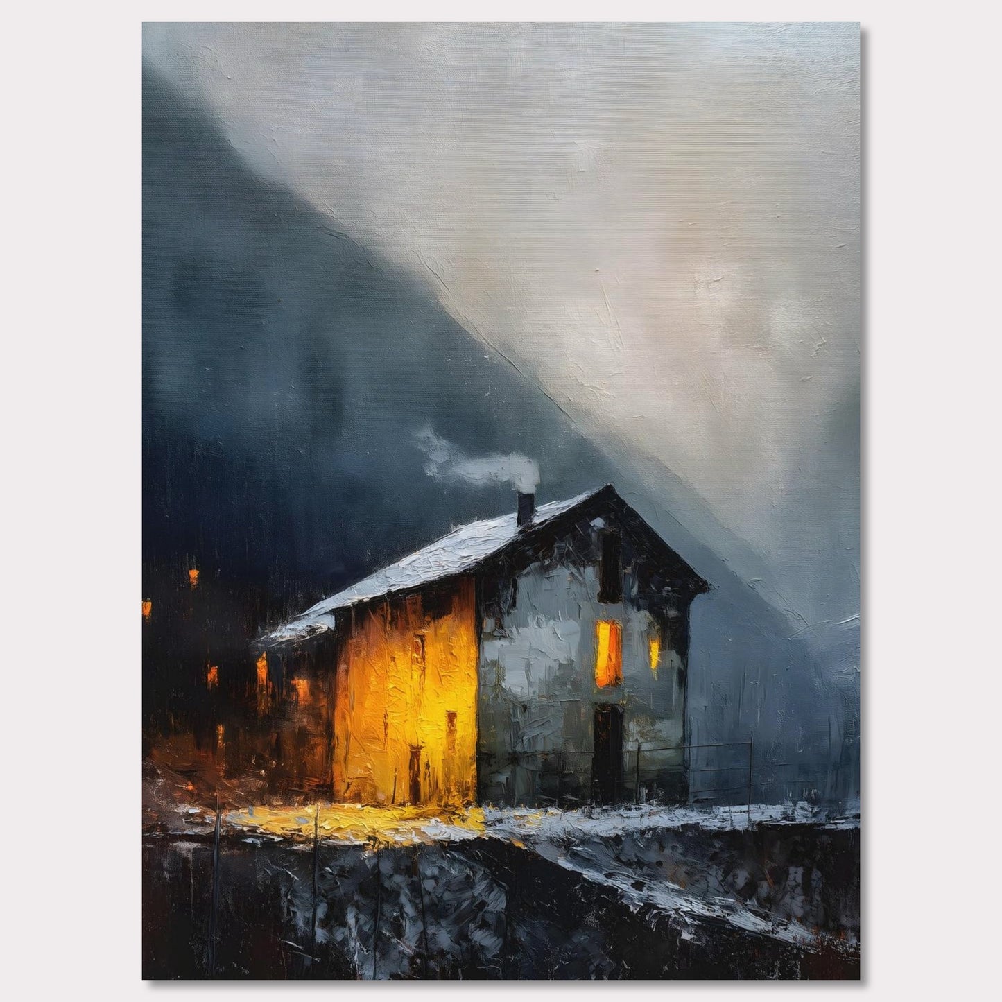 A lone alpine house burns golden against a dark and stormy backdrop. Snow lies quietly on the ground, while inside, a hearth glows with defiance and warmth. It’s a scene of refuge, strength, and a reminder that warmth is made, not found.