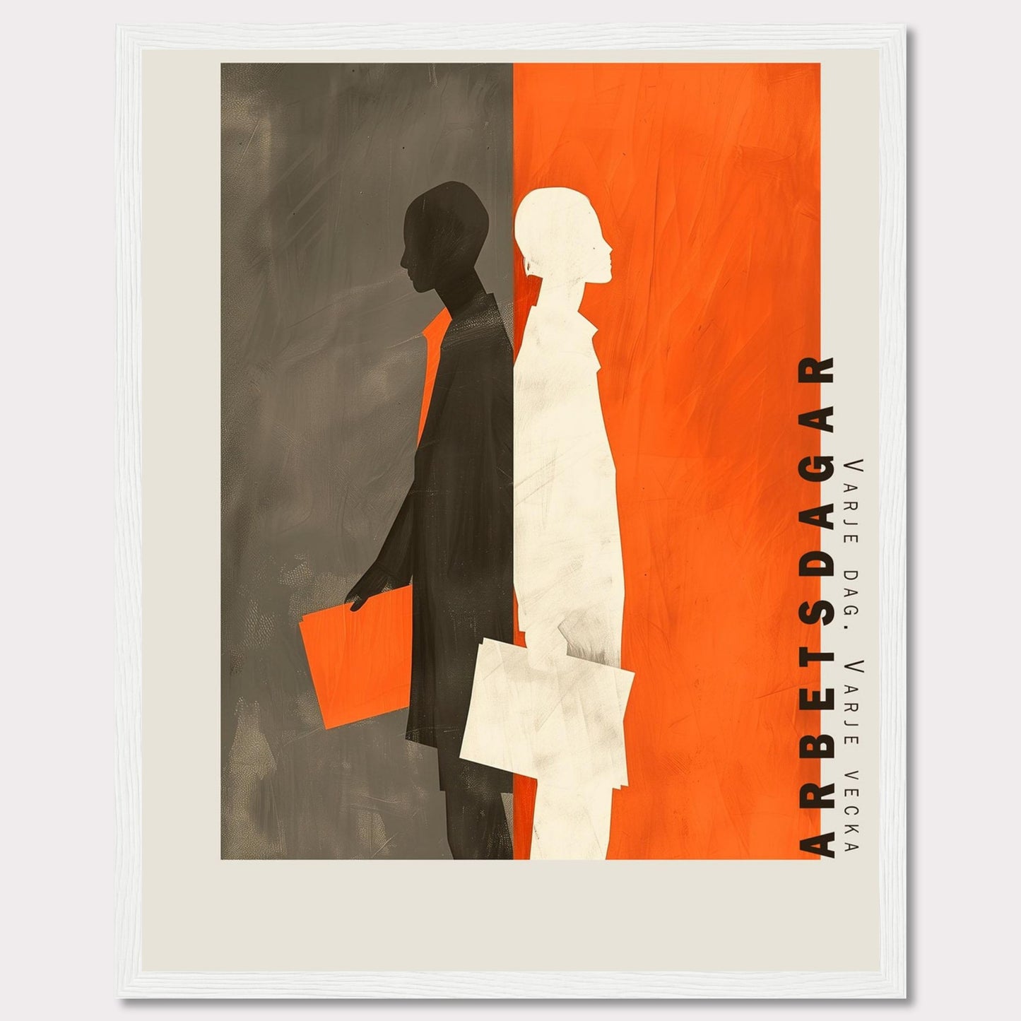 This striking artwork features two silhouetted figures, one in black and the other in white, standing back-to-back against a divided background of gray and orange. Both figures are holding documents, symbolizing work or business activities. The text "ARBETSDAGAR" is prominently displayed vertically on the right side, accompanied by the phrase "VARJE DAG - VARJE VECKA" below it.