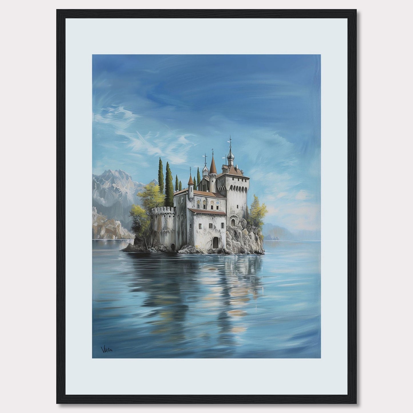 This stunning painting captures the serene beauty of a majestic castle perched on a small island, surrounded by calm waters. The scene is set against a backdrop of distant mountains and a clear blue sky, evoking a sense of tranquility and wonder.