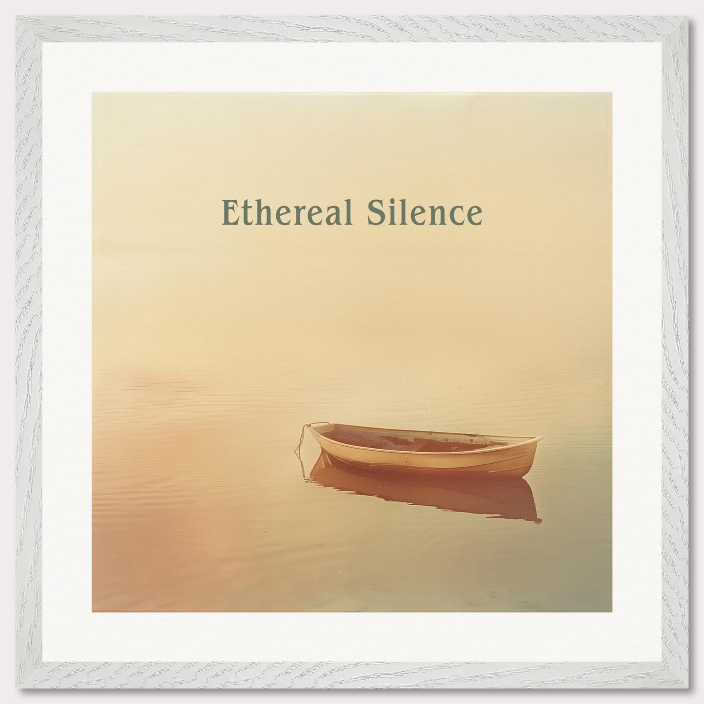 This serene photograph features a solitary rowboat gently floating on calm waters under a soft, ethereal light. The words "Ethereal Silence" are elegantly displayed above the boat, enhancing the tranquil atmosphere.