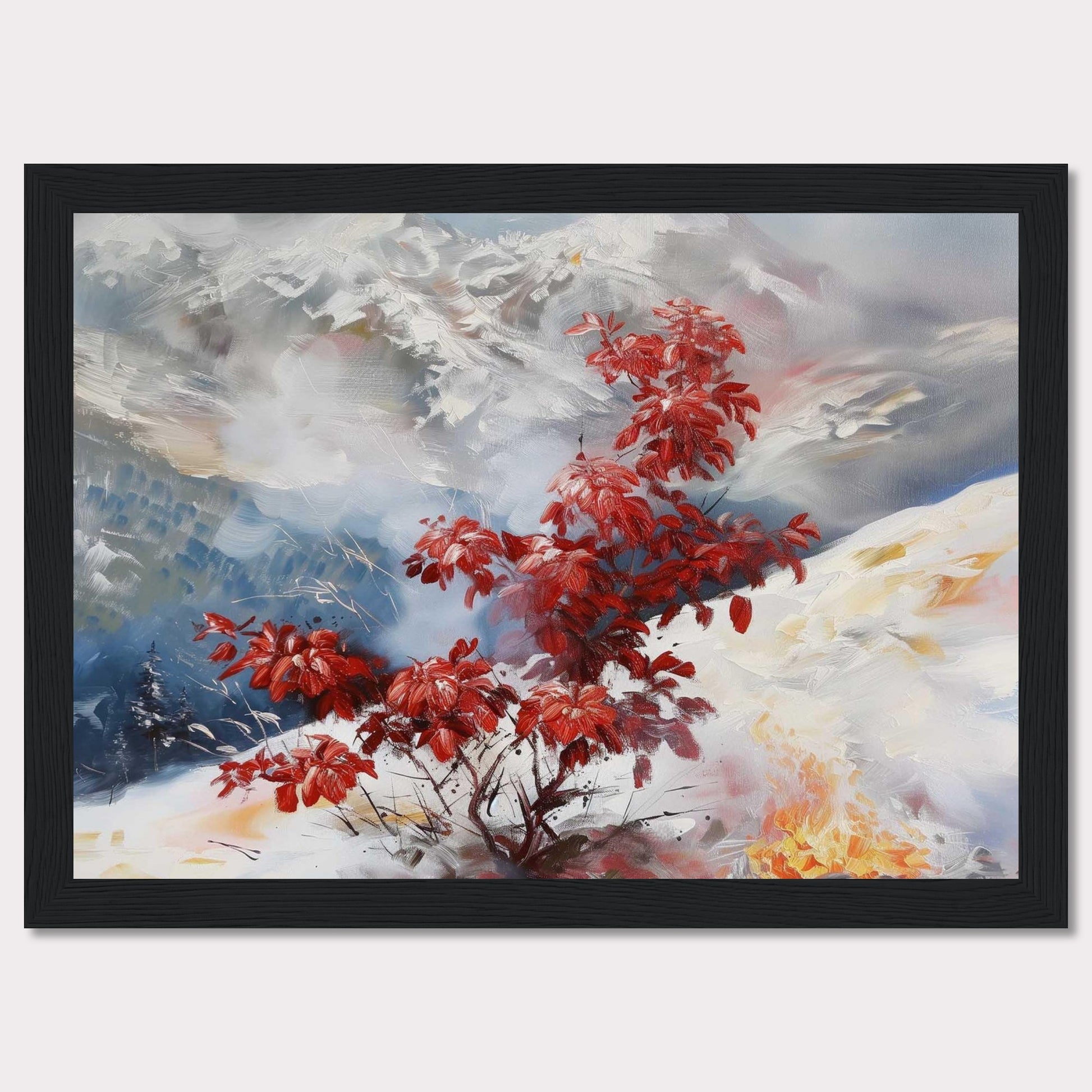 This captivating painting features a vibrant red bush standing out against a serene, snowy landscape. The background showcases majestic mountains partially obscured by mist, adding depth and mystery to the scene. The contrast between the fiery red leaves and the cool, muted tones of the snow and sky creates a striking visual effect.