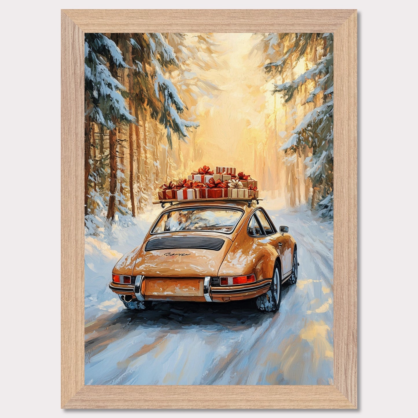 This festive poster showcases a yellow Porsche navigating a snow-covered path with holiday presents stacked on its roof. The warm glow from the trees lining the road creates a magical winter scene, while the "Merry Christmas" typography evokes the warmth and joy of the holiday season. The combination of sleek design and a peaceful winter landscape makes this a perfect holiday greeting.