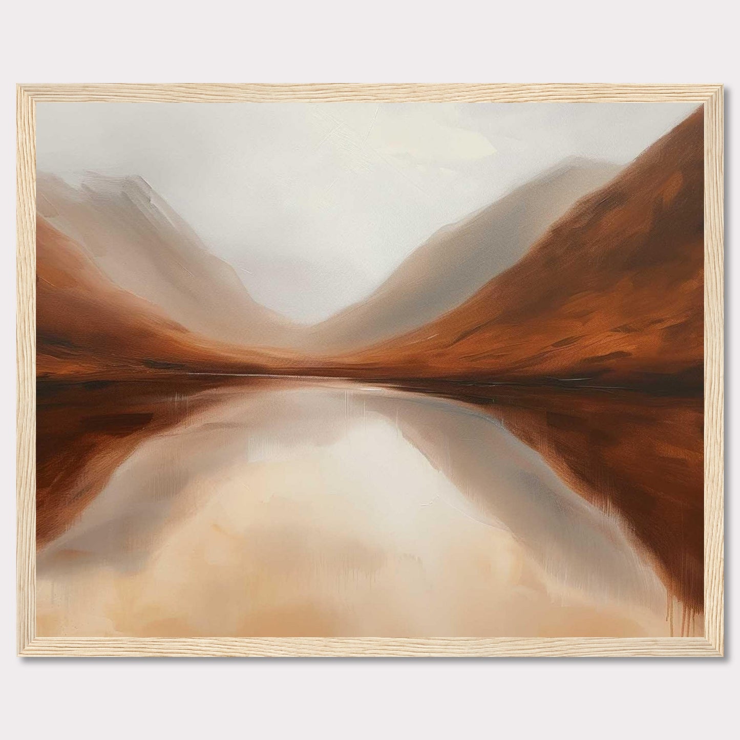 This captivating painting showcases a serene landscape with misty mountains reflected in a calm lake. The earthy tones of the mountains blend seamlessly with the soft, cloudy sky, creating a tranquil and harmonious scene.