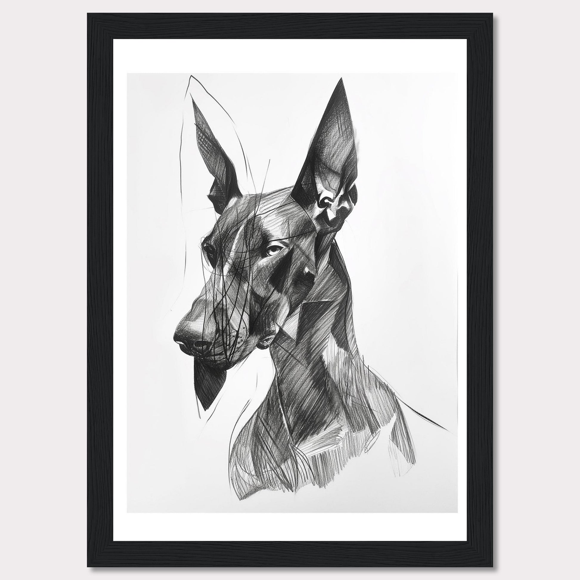 This captivating artwork features a detailed, abstract sketch of a dog, showcasing intricate lines and shading. The black and white composition highlights the dog's expressive eyes and strong features, creating a striking visual impact. The minimalist background emphasizes the subject, making it a perfect piece for modern decor.