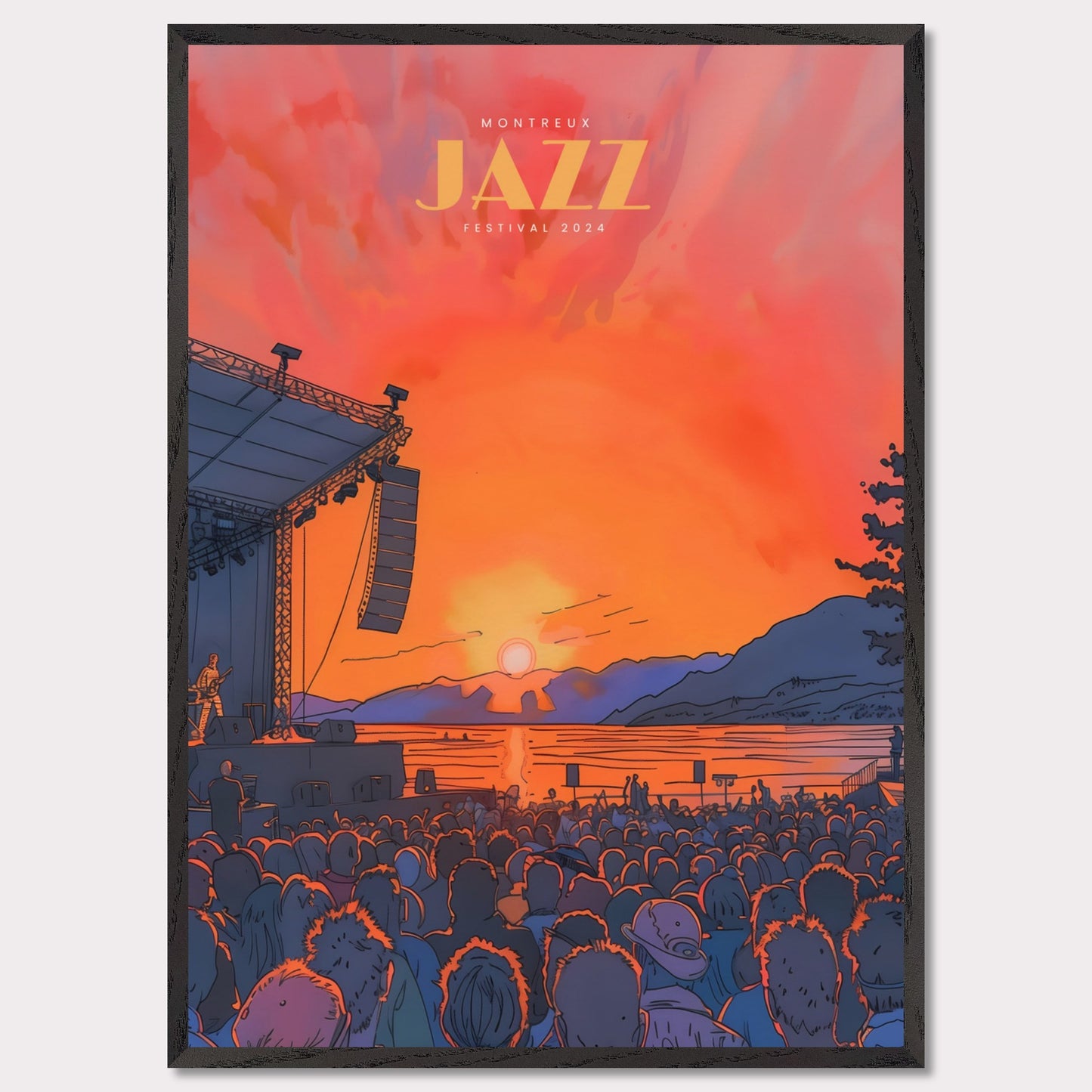 This vibrant poster showcases the Montreux Jazz Festival 2024, capturing the essence of a live outdoor concert at sunset. The scene is set with a large crowd facing a stage where a musician performs against a backdrop of a stunning sunset over a lake and mountains.