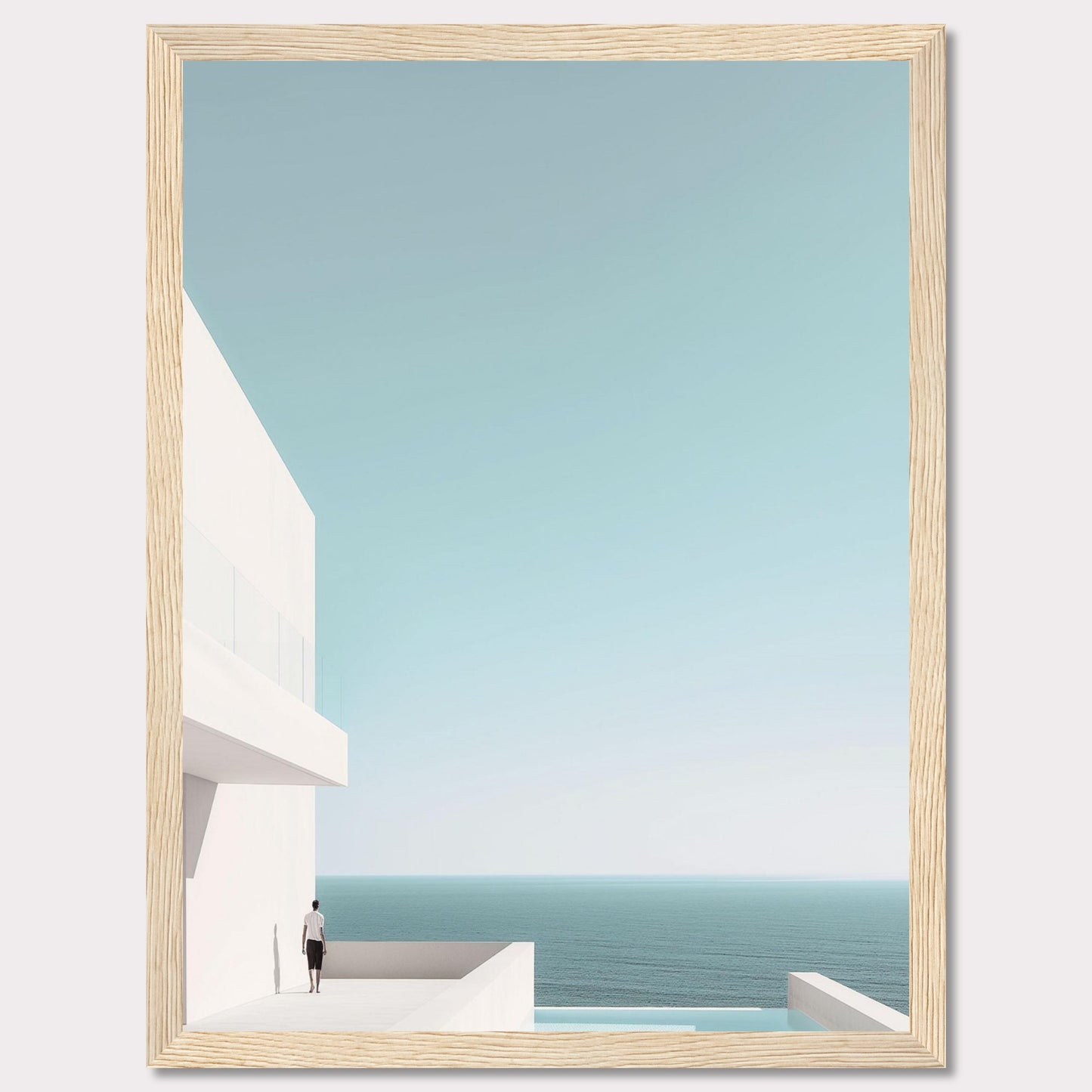 This serene image captures a minimalist coastal scene featuring a modern white building overlooking the tranquil ocean. A solitary figure stands on a balcony, gazing out at the expansive sea and clear sky. The composition exudes calmness and simplicity, inviting viewers to embrace a moment of peaceful reflection.