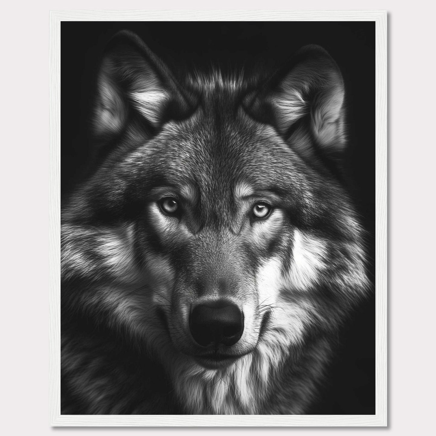 Immerse yourself in the captivating gaze of a majestic wolf with this stunning black and white portrait. The detailed fur, intense eyes, and powerful presence make this artwork a striking addition to any space.