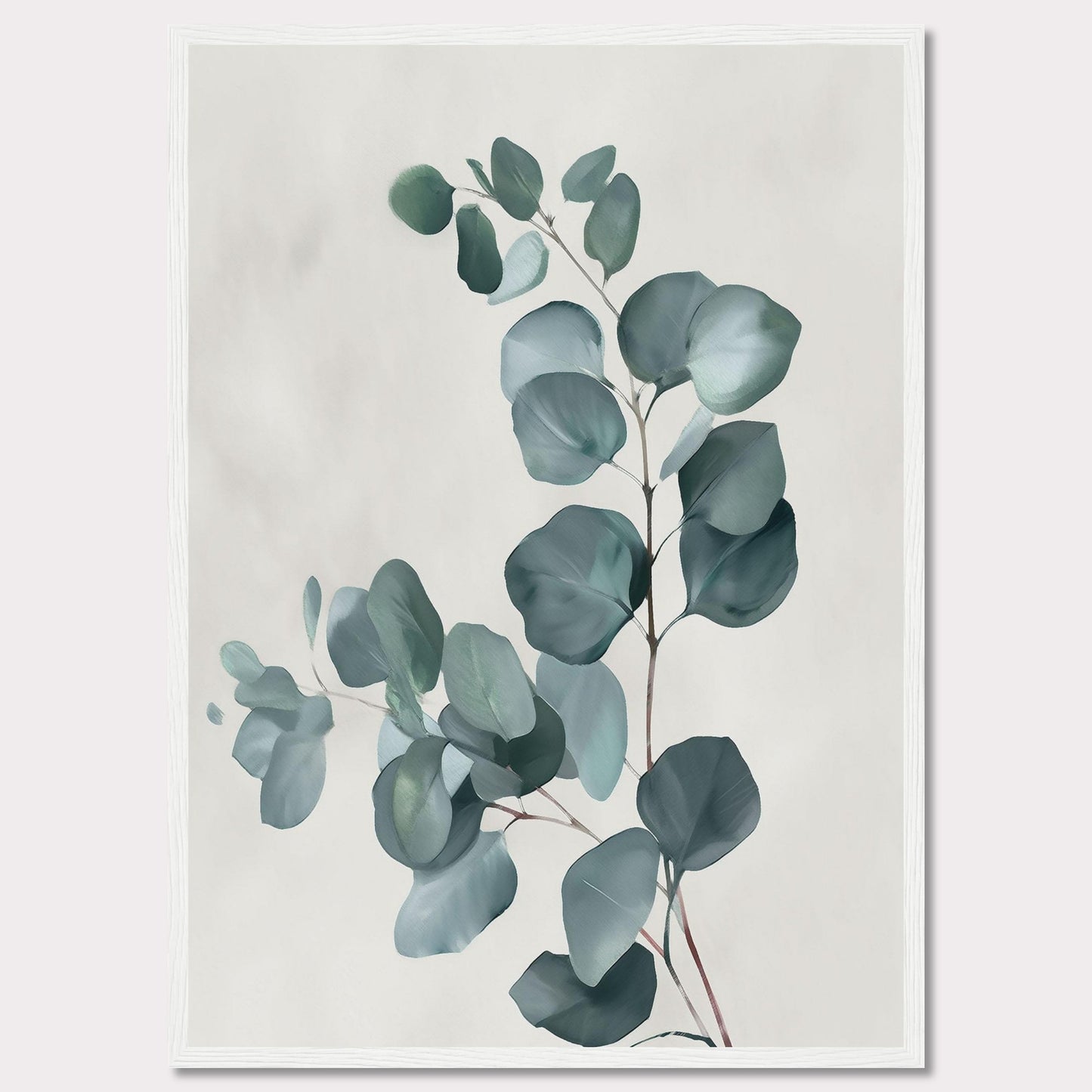 This image showcases a minimalist botanical artwork featuring eucalyptus leaves. The leaves are painted in soft, muted green tones against a light background, creating a serene and calming effect.