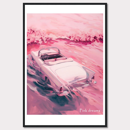 This artwork features a dreamy scene with a vintage convertible car driving through a pink-hued landscape. The soft, pastel colors create a serene and nostalgic atmosphere.