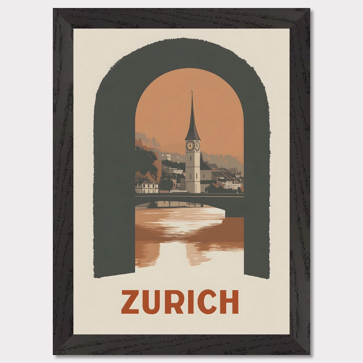 A sophisticated poster featuring Zurich’s historic clock tower, framed through an arched window. The blend of soft tones and bold composition creates a striking visual balance.