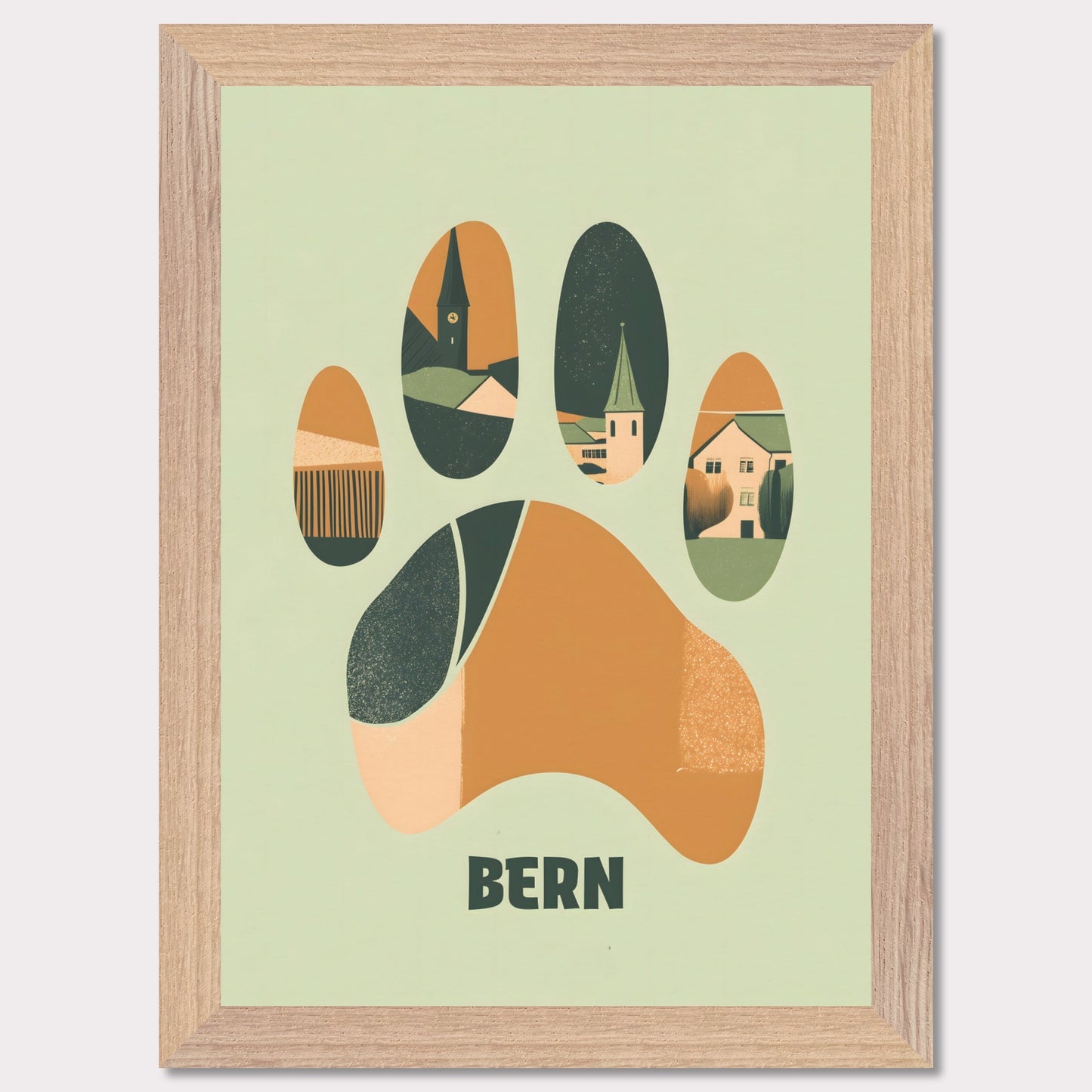 This unique poster blends the charm of Bern’s architecture with the city’s symbolic bear in an abstract, paw-print design. The warm earth tones and clean lines create a harmonious balance between modern minimalism and historical elements.