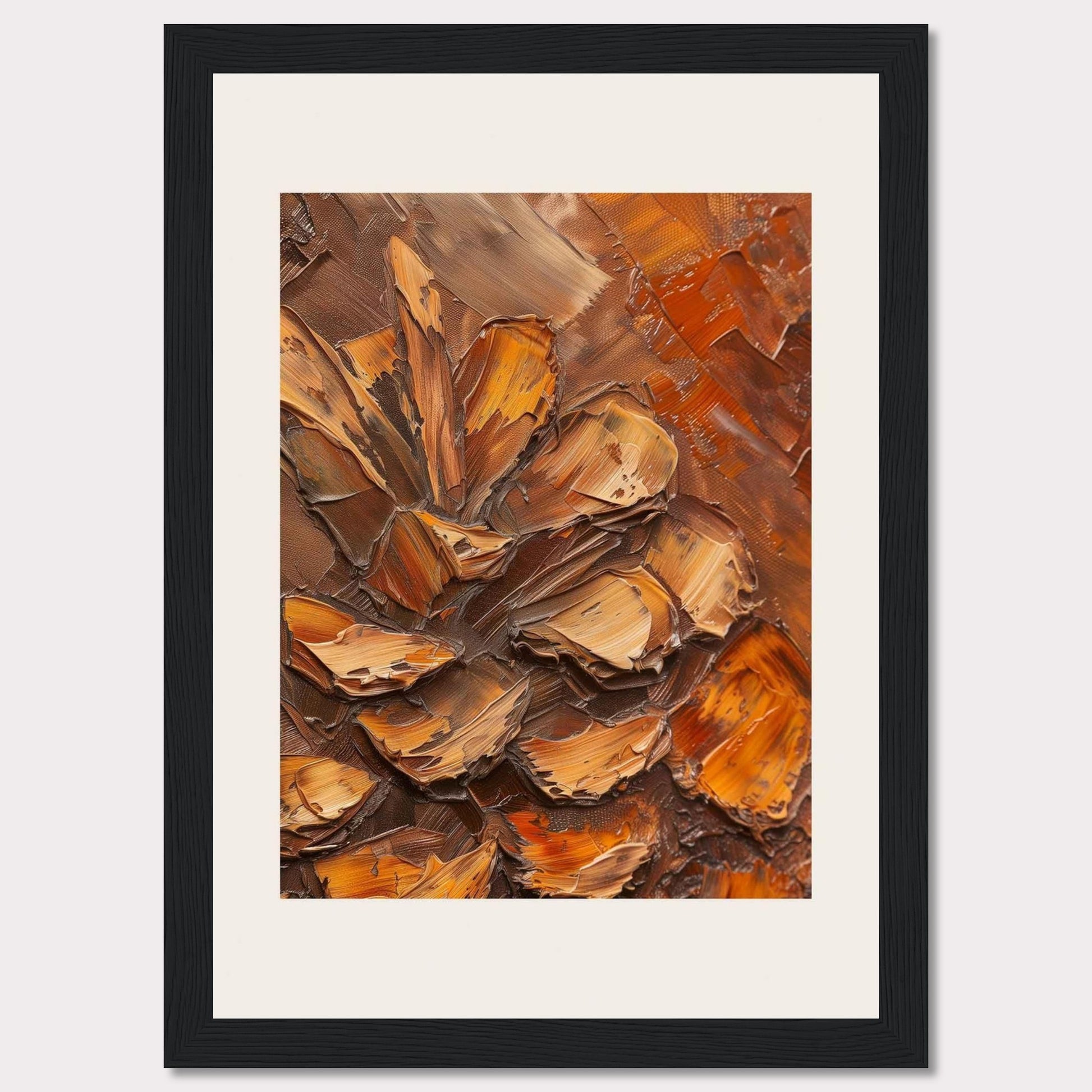 This image showcases a textured painting of a pine cone, rendered in rich, earthy tones. The thick, impasto technique gives the artwork a three-dimensional feel, making the pine cone appear almost lifelike. The painting is framed in a sleek black frame with a white matting that enhances its visual appeal.