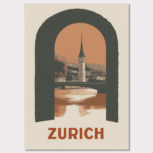 A sophisticated poster featuring Zurich’s historic clock tower, framed through an arched window. The blend of soft tones and bold composition creates a striking visual balance.