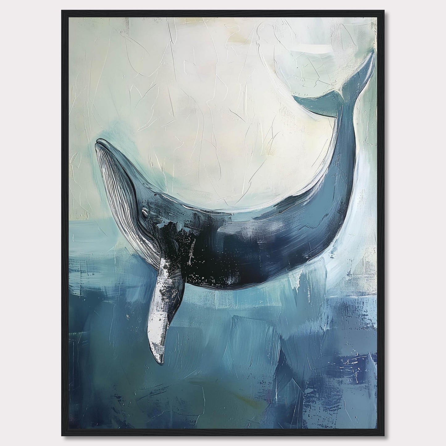 This image showcases a stunning painting of a whale gracefully swimming in the ocean. The artwork captures the serene beauty and majesty of the whale, set against a backdrop of soothing blue and white hues. The texture and brushstrokes add depth and movement to the piece, making it an eye-catching addition to any space.