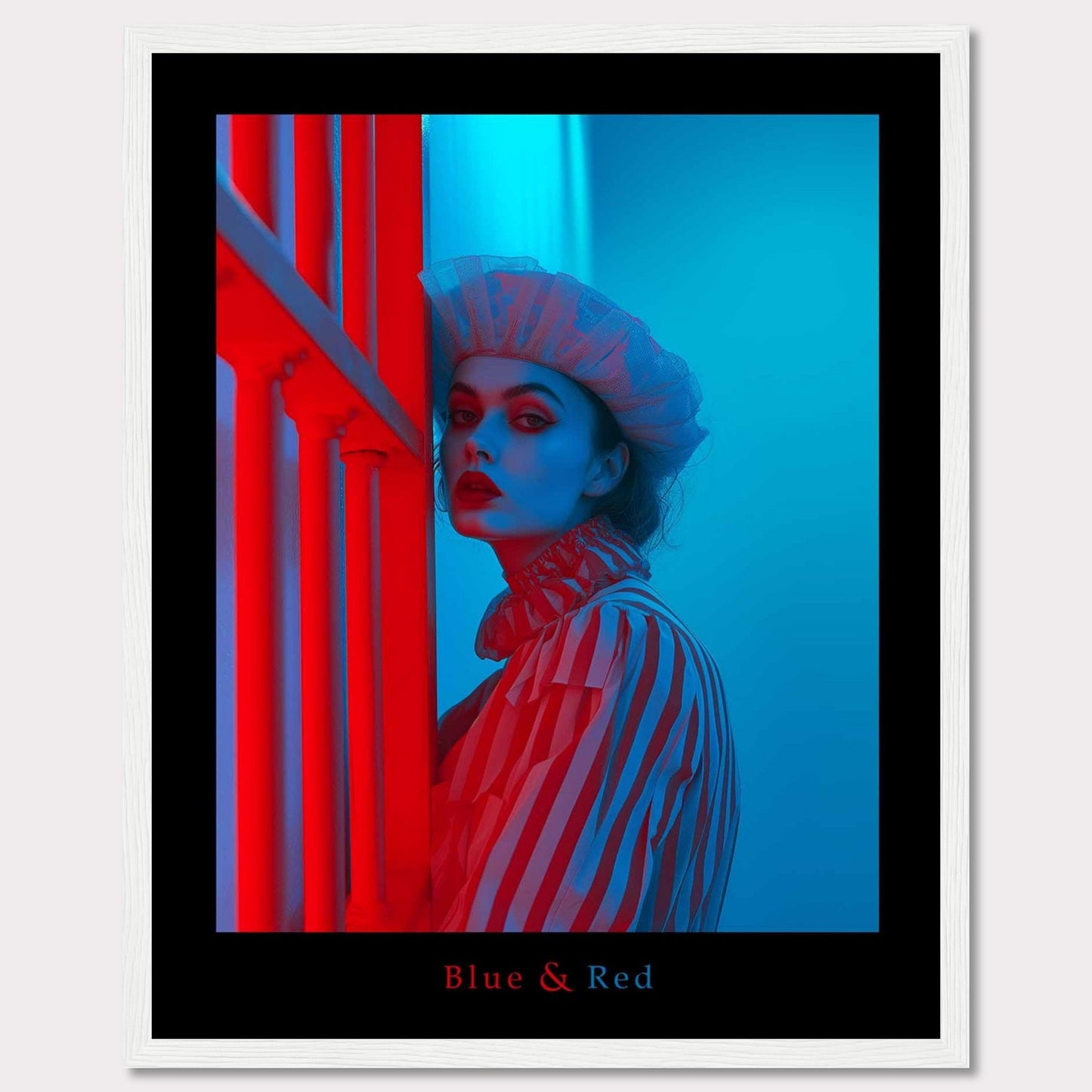 This striking poster features a dramatic portrait of a woman illuminated in contrasting blue and red lighting. The subject is dressed in a striped outfit and a sheer headpiece, creating a bold and artistic visual effect.