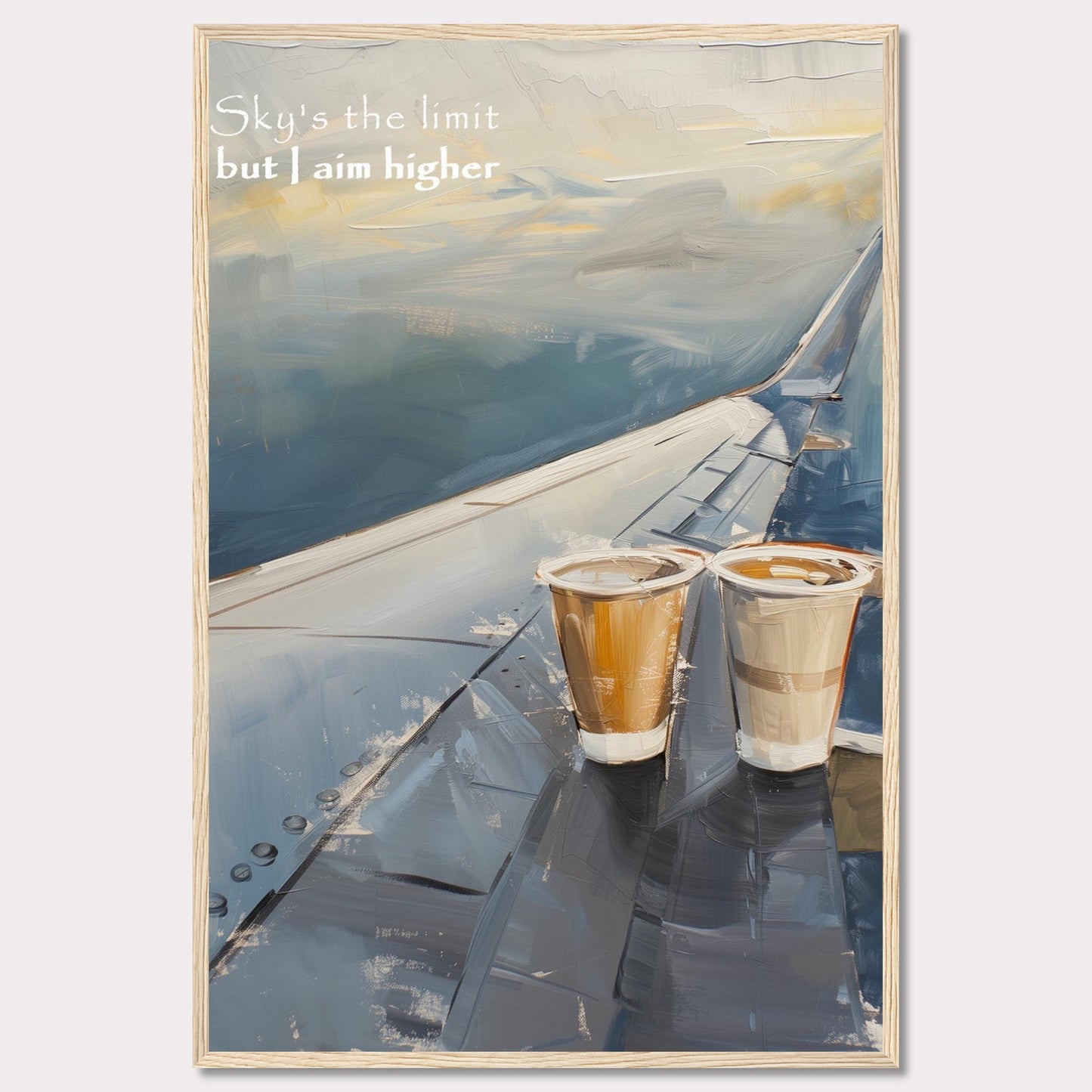 This image features a painted depiction of an airplane wing with two cups of coffee placed on it. The sky is depicted in soft, calming hues, suggesting a serene atmosphere. The text "Sky's the limit but I aim higher" is written in the upper left corner, adding an inspirational element to the artwork.