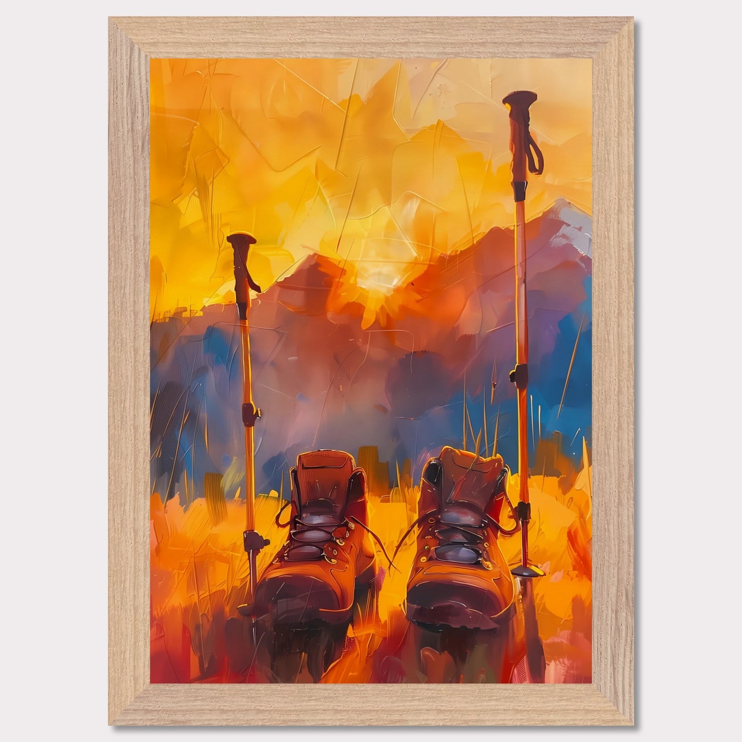 This illustration depicts a pair of hiking boots and trekking poles set against a vibrant, abstract background of mountains and a sunset.