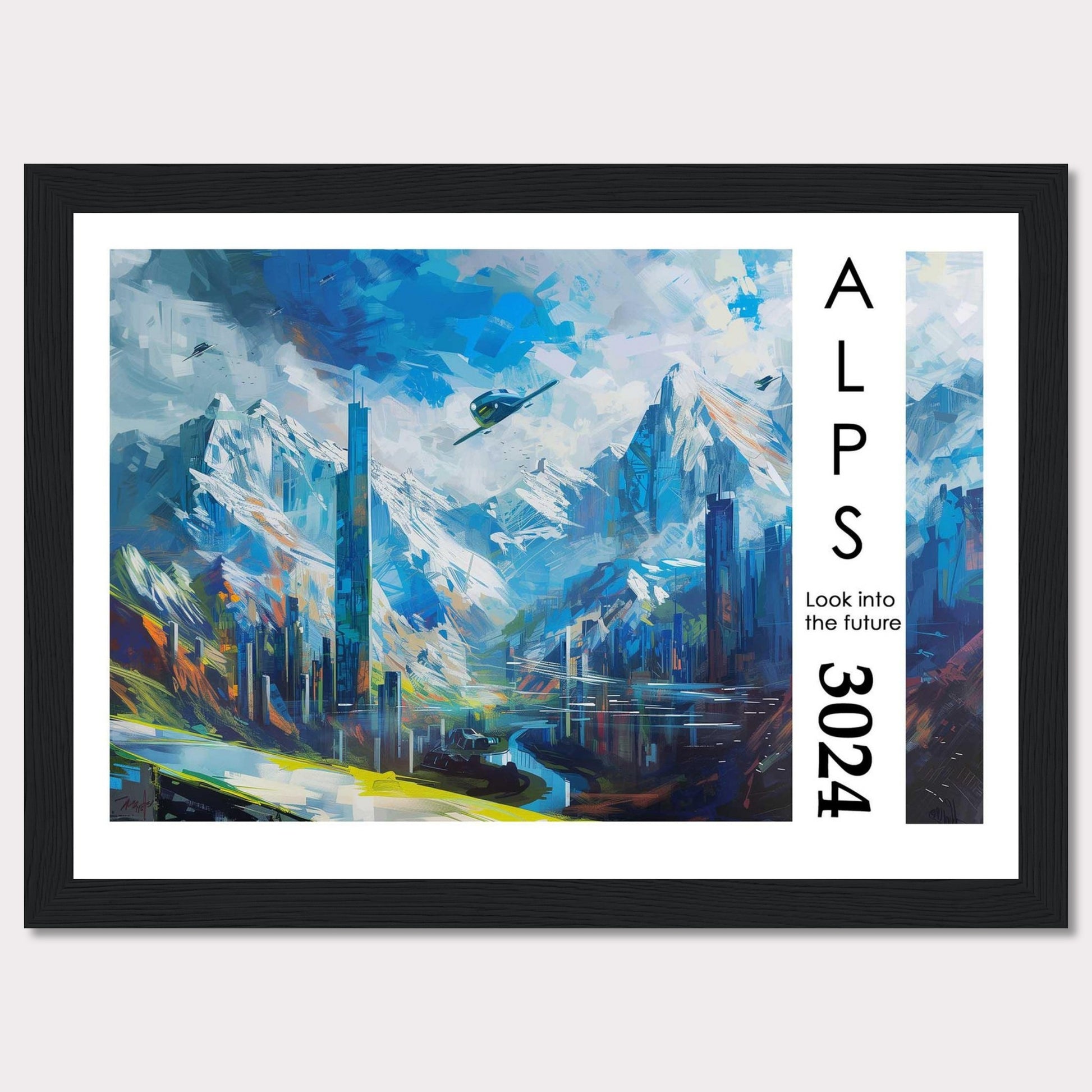 This artwork portrays a futuristic cityscape nestled within the majestic Alps, featuring towering skyscrapers, serene water bodies, and flying vehicles.