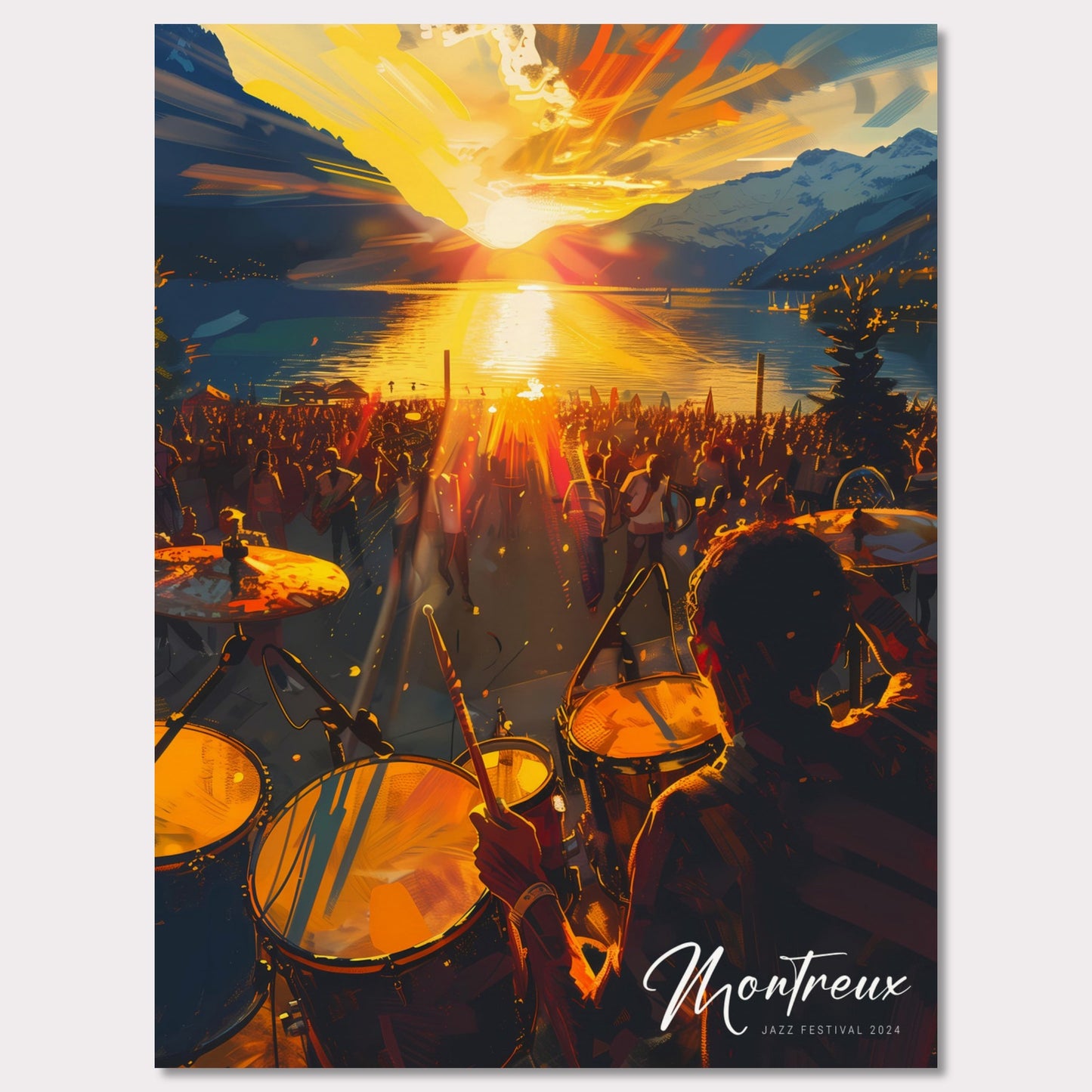 This vibrant image captures the essence of the Montreux Jazz Festival 2024. The scene is set at sunset, with a stunning view of the sun dipping below the horizon over a serene lake, surrounded by majestic mountains. A large crowd is gathered, immersed in the music, while a drummer plays energetically in the foreground.