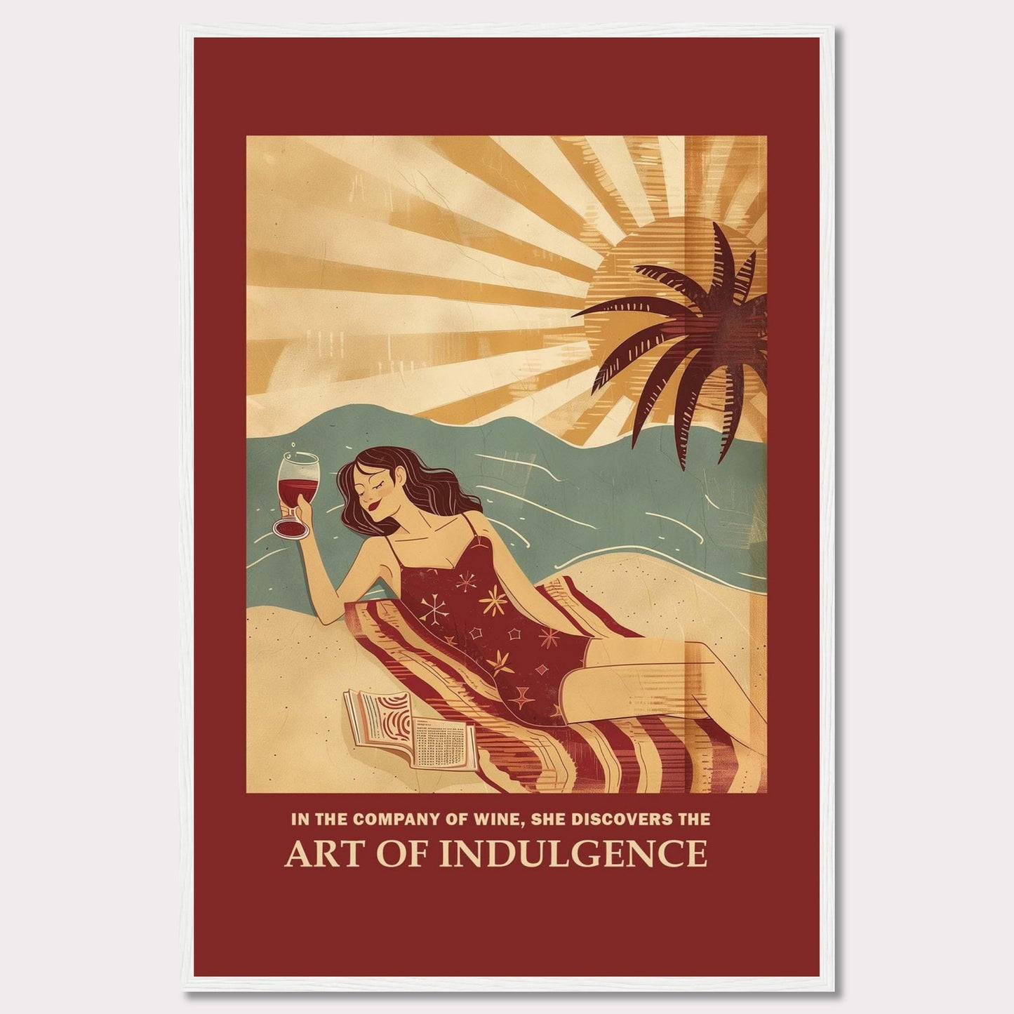 This vibrant poster features a woman relaxing on a beach with a glass of wine. The sun is setting behind a palm tree, casting warm rays over the scene. She is lying on a striped blanket with an open book beside her, embodying a moment of pure relaxation and indulgence.