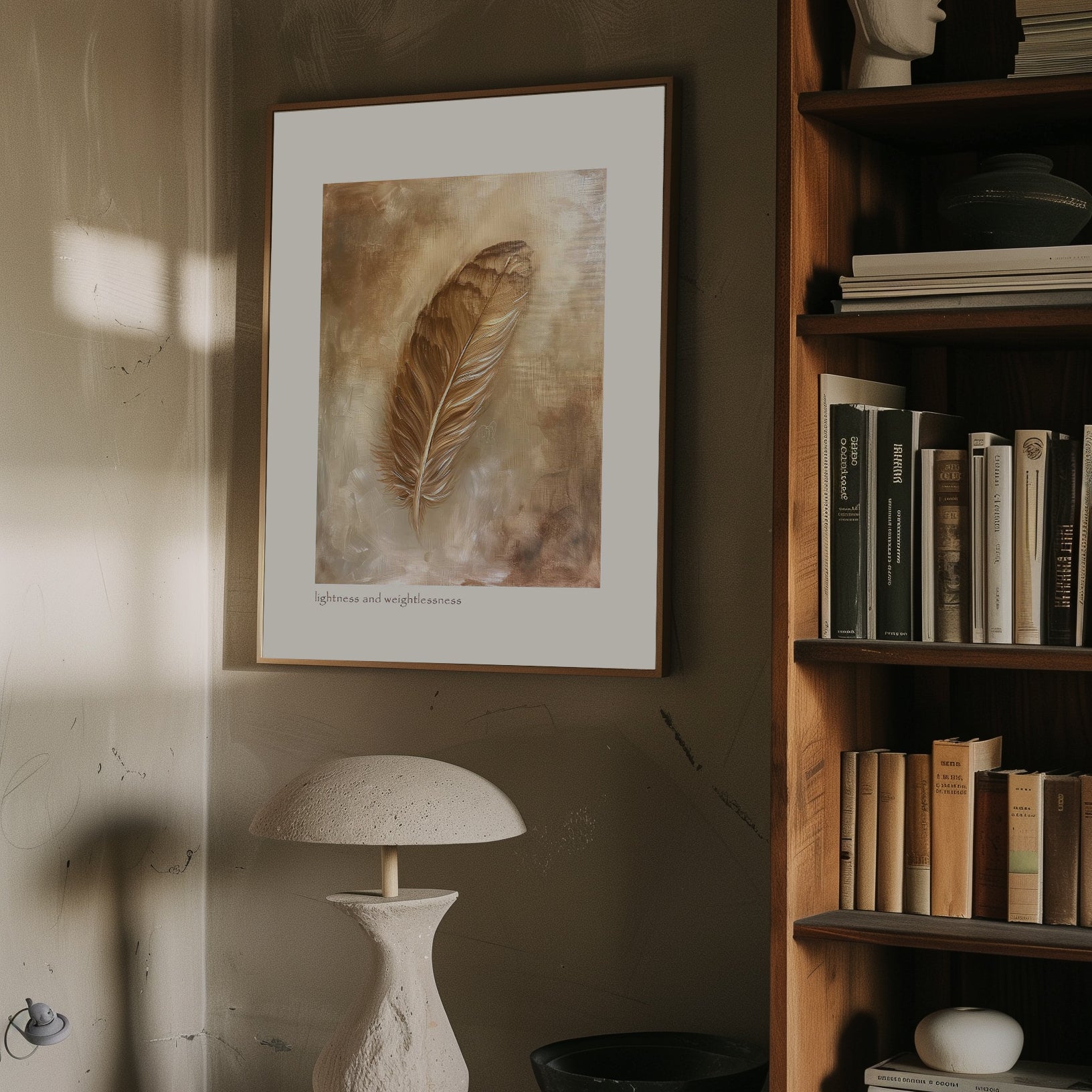 This image showcases a beautifully framed artwork featuring a single feather. The feather is depicted in warm, earthy tones, creating a sense of tranquility and elegance. The background consists of soft, abstract brushstrokes that enhance the delicate nature of the feather. At the bottom of the artwork, the phrase "lightness and weightlessness" is inscribed, adding to the ethereal feel of the piece.